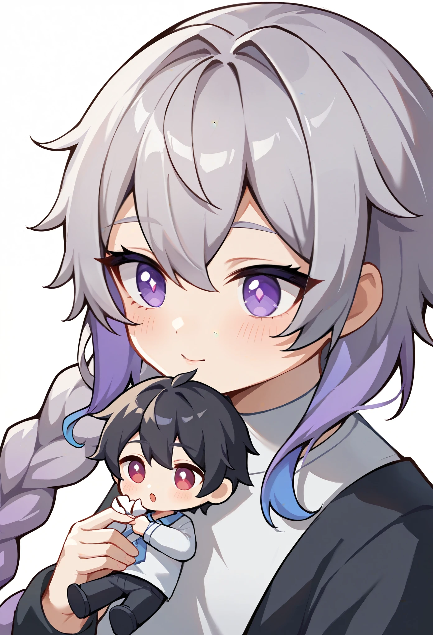 score_9,score_8_up,score_7_up,a picture of a couple,1girl and 1male,flying in high sky,chibi style,
yinji,1girl,purple_hair,purple_eyes,very_long_hair,grey_hair,braided_ponytail,gradient_hair, 
1boy, short black hair, shirt,(Red pupils),cool