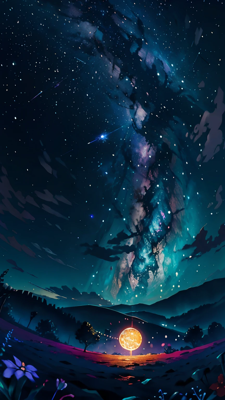 fotografia de paisagem expansiva , (a view from below that shows the sky above and the open countryside below), uma garota parada no campo de flores olhando para cima, (lua cheia:1.2), ( estrelas cadentes:0.9), (nebula:1.3), montanha distante, tree BREAK production art, (fonte de luz quente:1.2), (vaga-lume:1.2), light bulb, muito roxo e laranja, detalhes intrincados, BREAK volumetric lighting
(Obra de arte:1.2), (melhor qualidade), 4k, ultra-detalhado, (dynamic composition:1.4), altamente detalhado, detalhes coloridos,( cores iridescentes:1.2), (bright lighting, Atmospheric Lighting), sonhadores, Magical, (Sozinho:1.2)