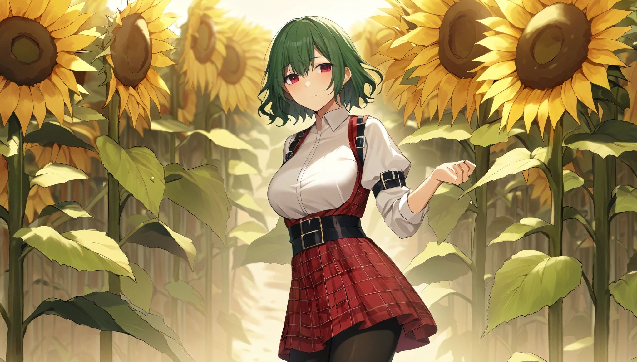 masterpiece, best quality, artist:fukuro_(maruaru00), 1girl, solo, short hair, green hair, wavy hair, red eyes, white shirt, puffy sleeves, red plaid vest, red plaid skirt, large breasts, black pantyhose, (arm belt), standing, sunflower field in background