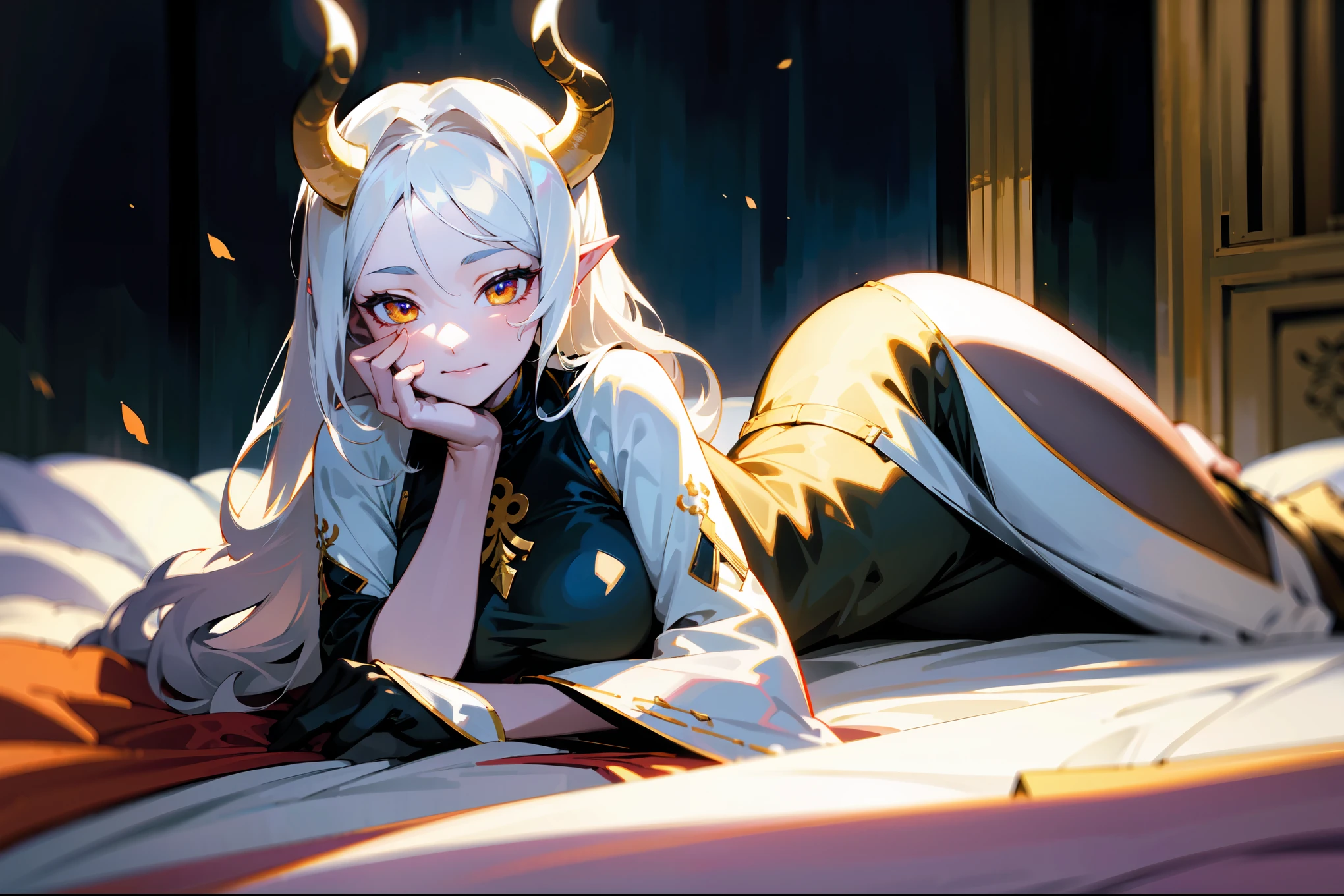 (best quality,highres,masterpiece:1.2),(flatten art:0.7), masterpiece, best quality, 1woman, Anime, darker environment, laying on bed, leaning with her hand, white horns, long wavy white hair, white ao dai, golden demon eyes, pointy ear, large breast, enticing, night, dark, looking at viewer, solo, faint moonlight, smug face, close-up