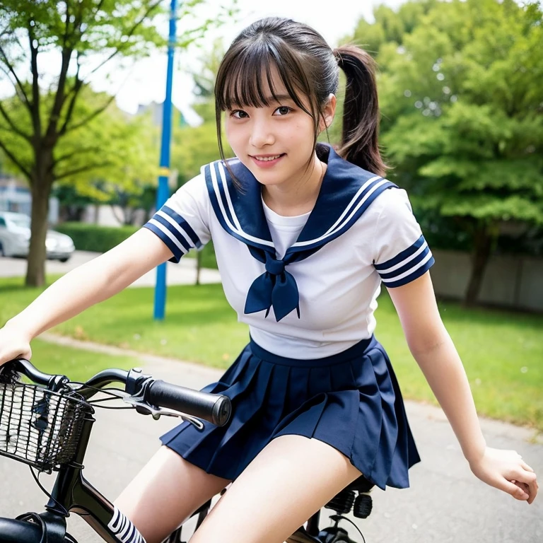 Girl riding a bicycle in the schoolyard,Sailor shirt,Micro Mini Pleated Skirt,panties,18-year-old,bangs,A small smile,Thighs,knees,Shortcuts,Low Ponytail,From below,Front light