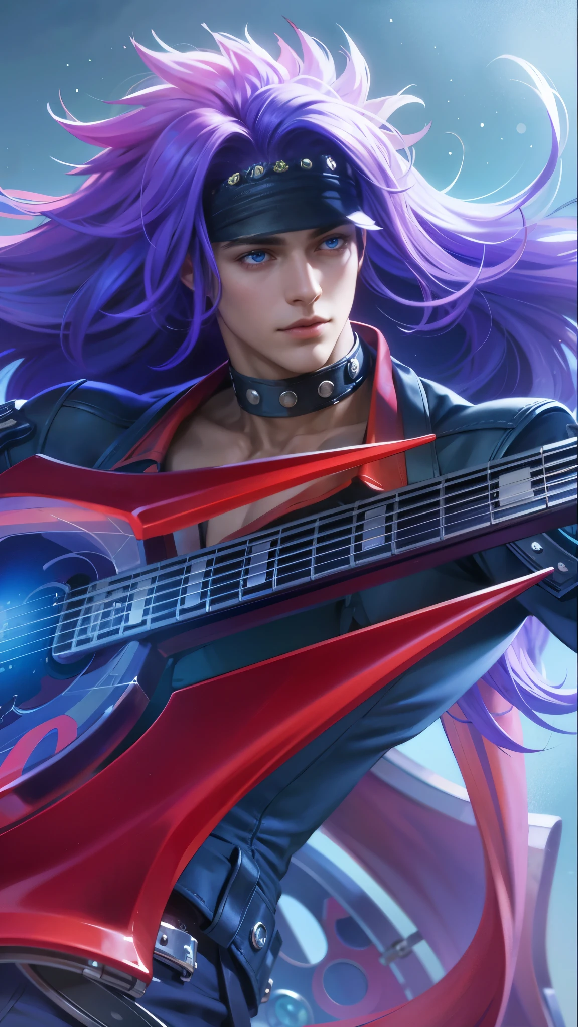a guy with purple hair and a guitar in her hands, Best quality, masterpiece, detailed skin texture, detailed clothes texture, detailed face, super detail, 8k, intricate detail, 1 boy, The color doesn't change, Muscle guy, 1 guy, blue eyes.
