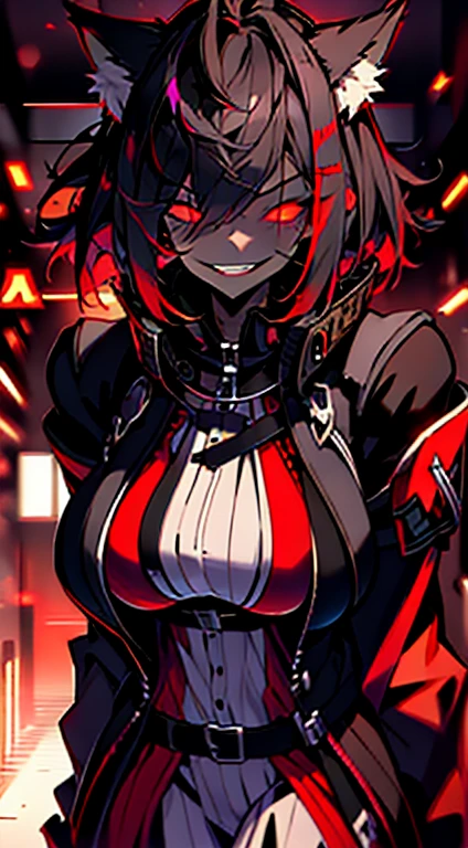 1girl, short_rebellious_hairblack_hair, hair tips to the side, scary_eyes, wild_eyes, short_hair, scary_smile, Evil smile_sharp_wild teeth, black_iris, scarlet_red_pupil, black, sclera, soulless_black_eyes, looking_at_vi ewer, holding, shirt, pant, animal_ears, black_ ears, wolf_woman, black_tail, body_perfect, Milf_body, female_body_muscular, big_breasts, scar_on_thighs, scar_on_the abdomen,assassin's creed:hunter_outfit_black,Dark_black_skin