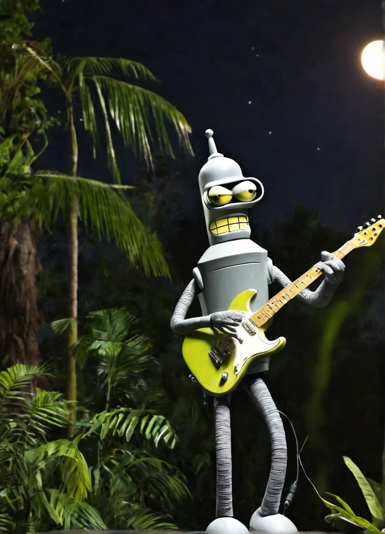 Bender playing Electric Guitar walk on Rainforest at Midnight