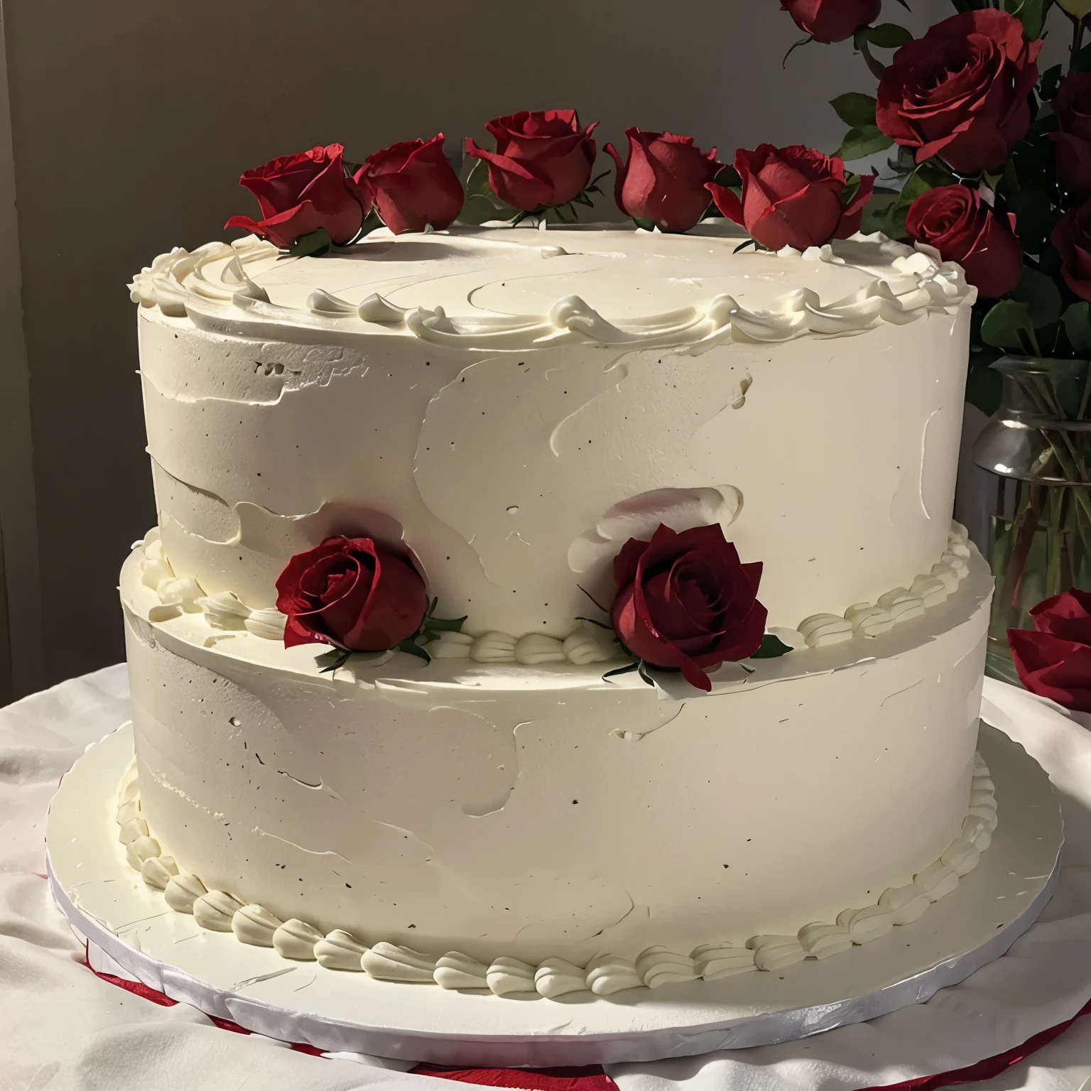 two tier white frosting cake with red roses on it