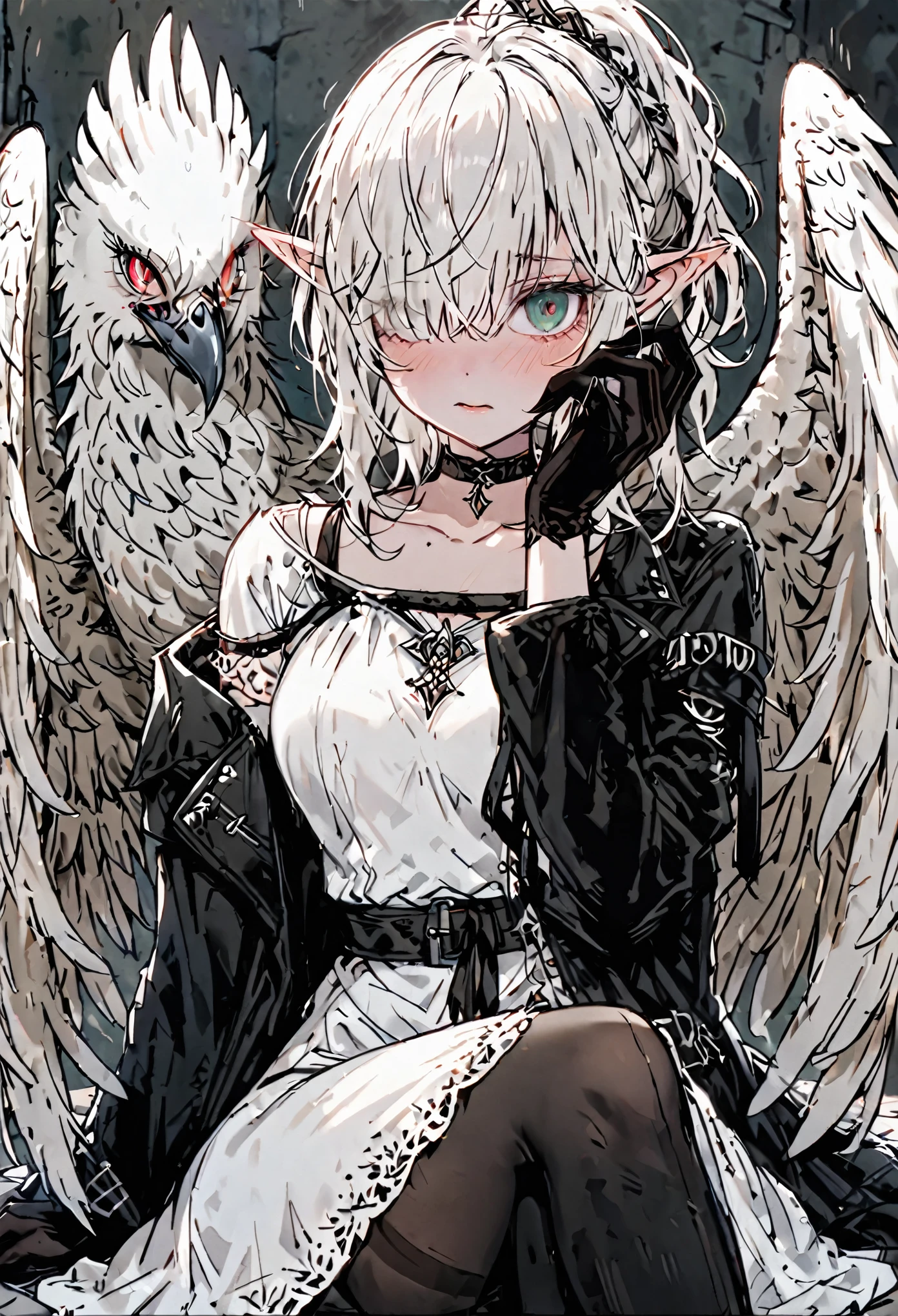 solo, female, sfw, warm, harem, medieval, harpy, large wings, wings, short, shy, dazed, unsure, emerald eyes, thick lashes, short hair, half tied ponytail hair, worn clothes, white dress, thin, shy pose, medium shot, claws, white scales on hands, ruffled feathers, blush, feather on hair, red eyes, elf ears, pantyhose, white dress, leather coat, black gloves, leather boots, ((Her left eye is hidden by her hair...)), hair over one eye, choker