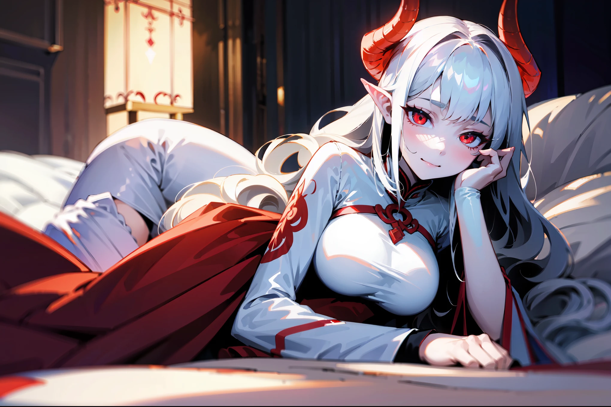 (best quality,highres,masterpiece:1.2),(flatten art:0.7), masterpiece, best quality, 1woman, Anime, darker environment, laying on bed, leaning with her hand, white horns, long wavy white hair, white ao dai, red demon eyes, pointy ear, large breast, enticing, night, dark, looking at viewer, solo, faint moonlight, smug face, close-up