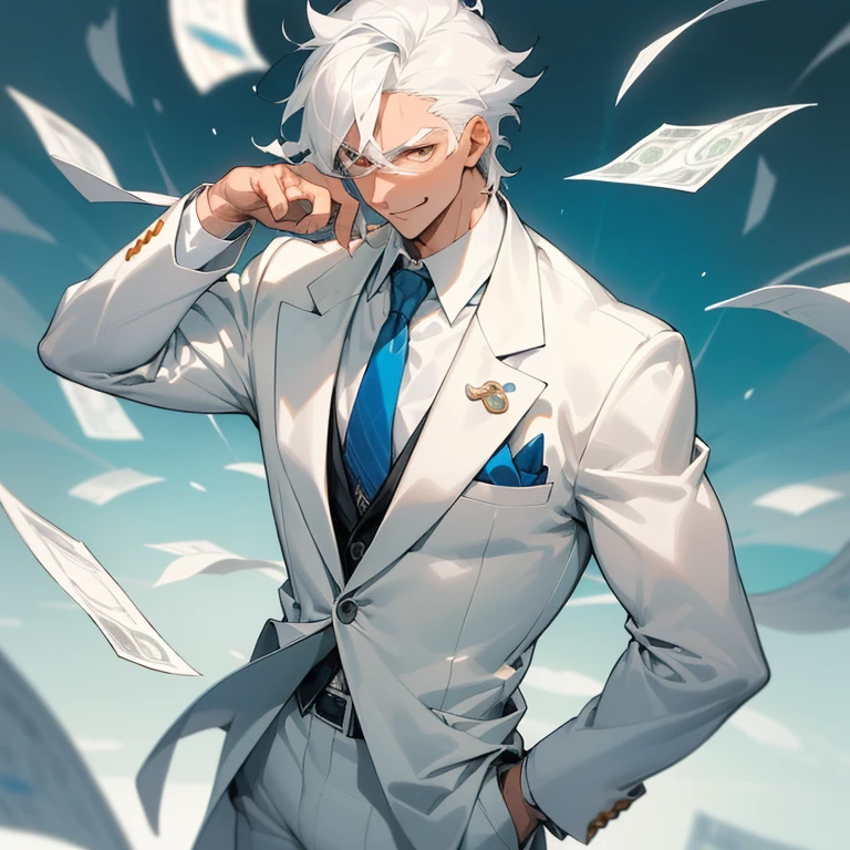 Anime-style image of a chiseled man with white hair, radiating an athletic physique. He is tastefully dressed in a crisp white suit, contrasted by an orange tie and blue pocket square, embodying a Sugar Daddy persona. A wad of cash casually peeks from his left hand, while his right hand rests on his head in a sensual gesture, his expression gleaming with a seductive smile and a hint of mischief in his eyes.