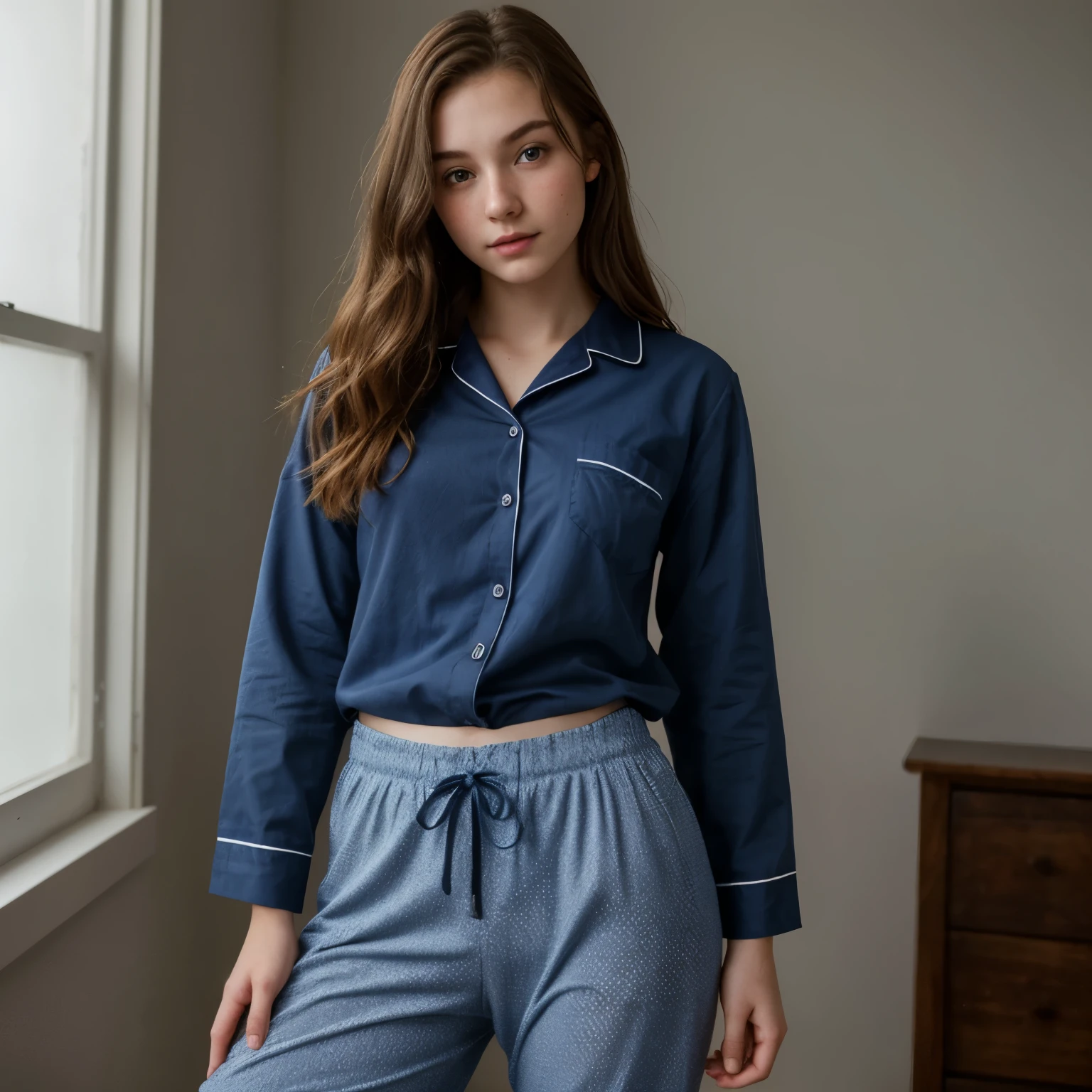 french girl with a cute pijamas, she is 16 yeais blonde, ((blue eyes)), perfect body, perfect face, cute, big natural saggy breast, regular phone photo, ((Cute pijamas)), real eyes, ((dressed)), she is dressed, cute little girl, she ioggy position