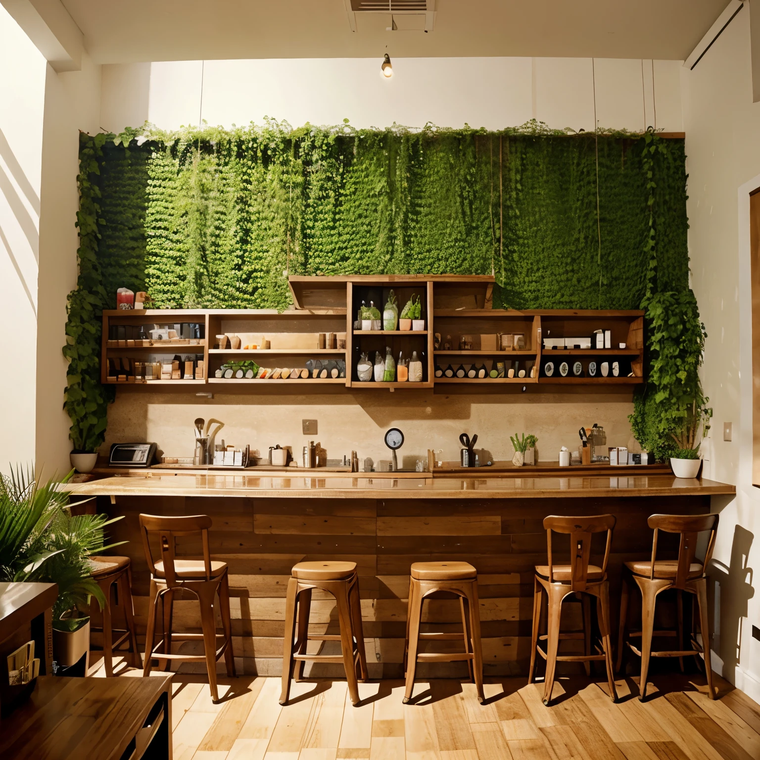 A juice bar width 7 foot, hight 8 foot,a wall is attached in the back,10 chairs infront