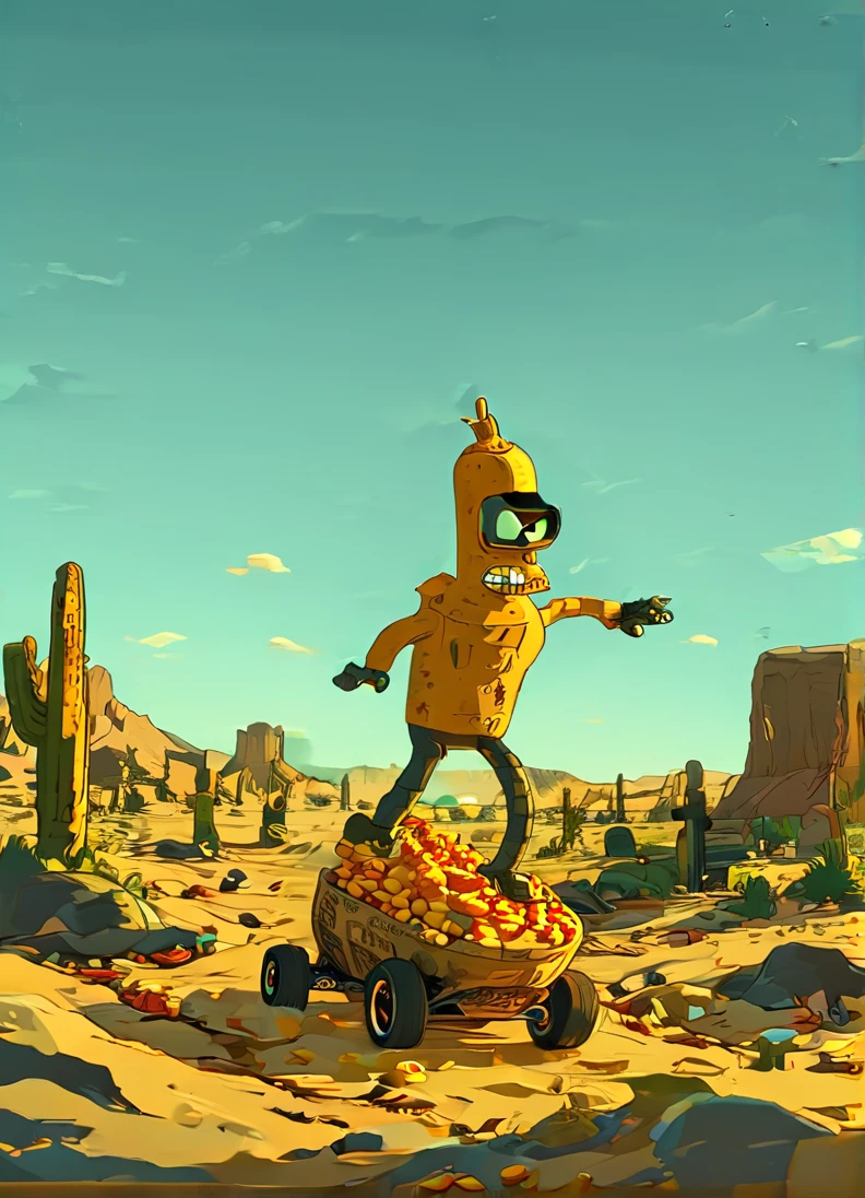 Bender Eating Nacho Cheese Corn riding Skateboard on Desert at Graveyard 