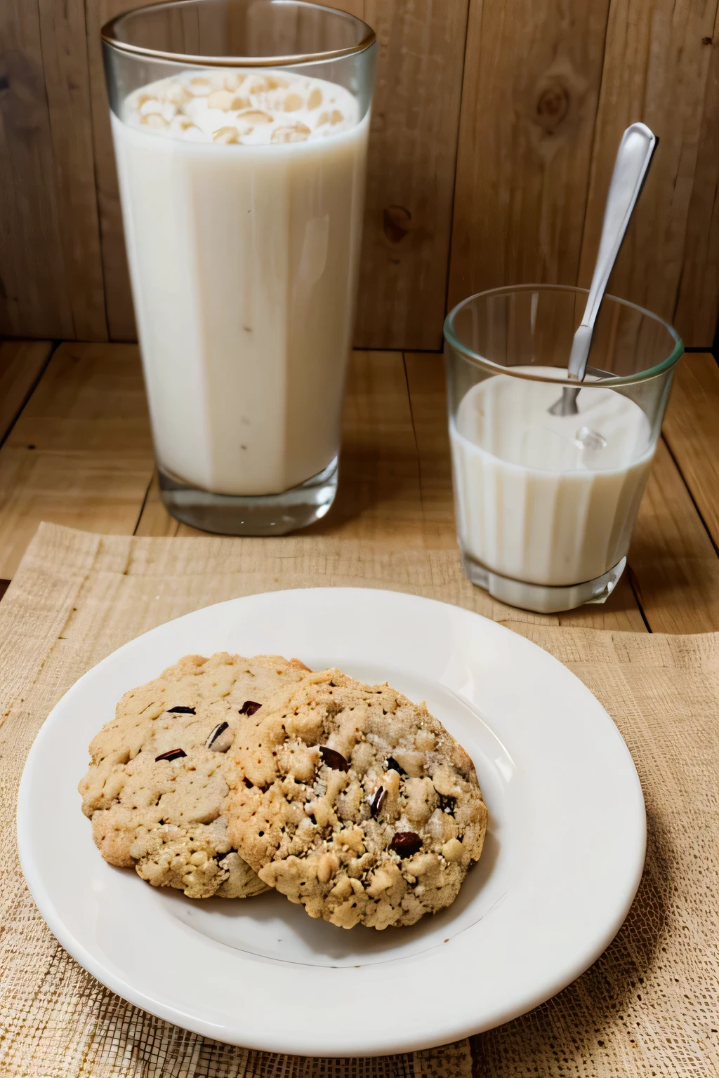 oatmeal cookies on a small white plate and a glass of almond milk, en una mesa limpia y ordenada que la toma sea de cerca con un fondo clean (THAT THERE IS NO ONE OR NOTHING ELSE)