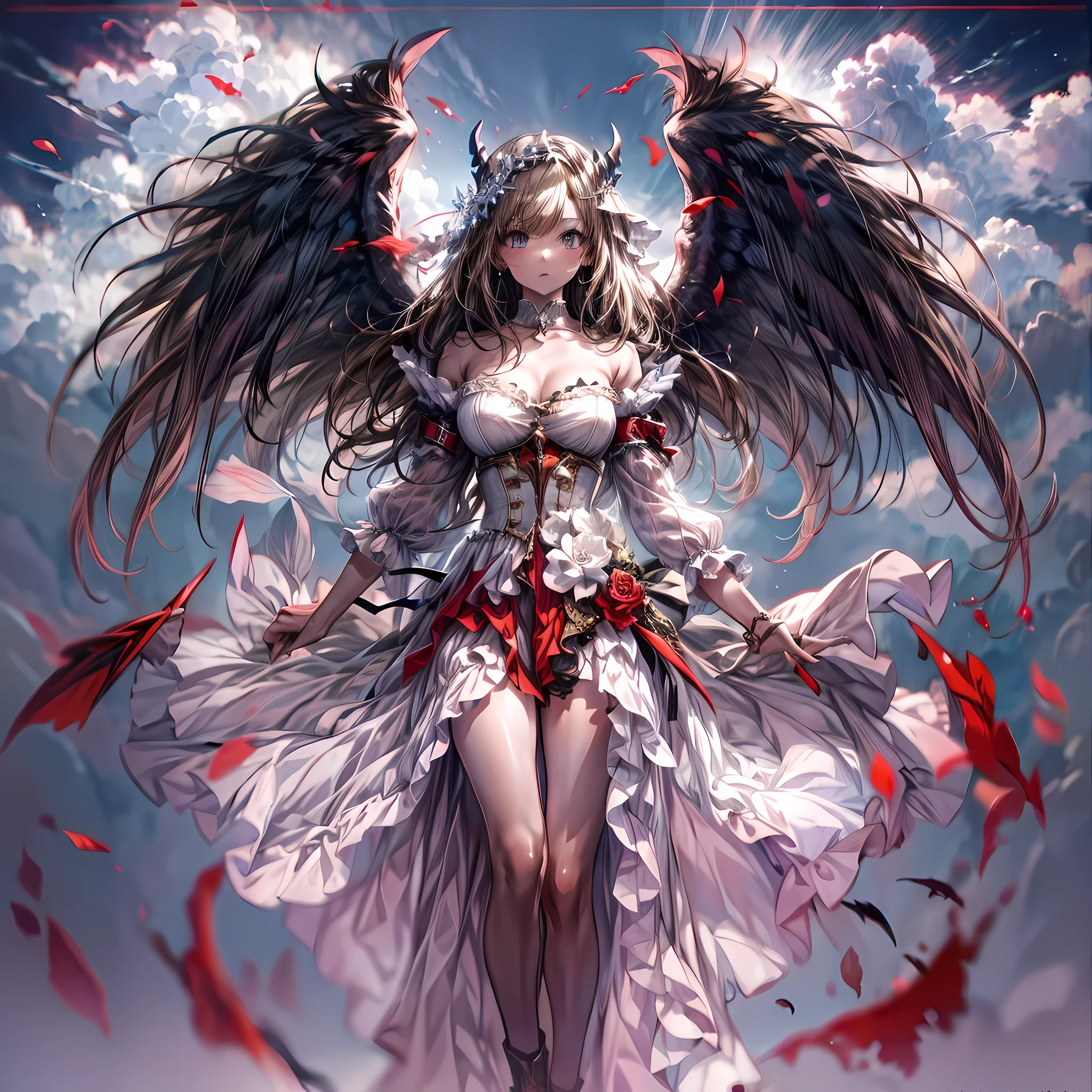 ((a picture of 2 women 1angel and 1demon), (highest quality, masterpiece, High resolution), 16K, fantasy art, RPG art BREAK a (1female angel: 1.3) , wearing dress, pale skin, best details beautiful face , (blond: 1.2) hair, long hair wavy hair (blue: 1.1) eyes, high heeled boots, wearing a dress, large angelic wings, (white: 1.2) angelic wings spread BREAK ((AND)) a (1female demon: 1.3), (red: 1.2) skin, demonic wings, (black: 1.1) demonic wings spread, demonic horns, (red: 1.1) skin, black hair, red eyes, best details beautiful face, wearing a dress, high heels, in the border between heaven and hell, moon, stars, clouds, god rays, soft natural light silhouette, dynamic angle, photorealism, panoramic view (Masterpiece 1.3, intense details) , Wide-Angle, Ultra-Wide