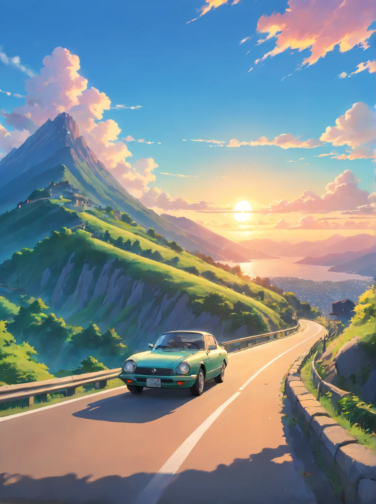 Driving down a scenic mountain road, mountains in the background, motion blur, cinematic, sunset, HDR,