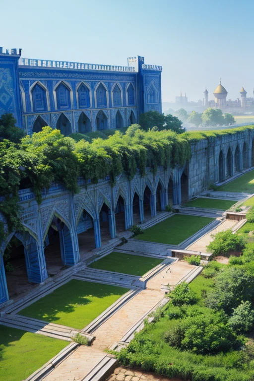 Blue Muslim palace with rivers and vegetation with towers with Arabic engravings