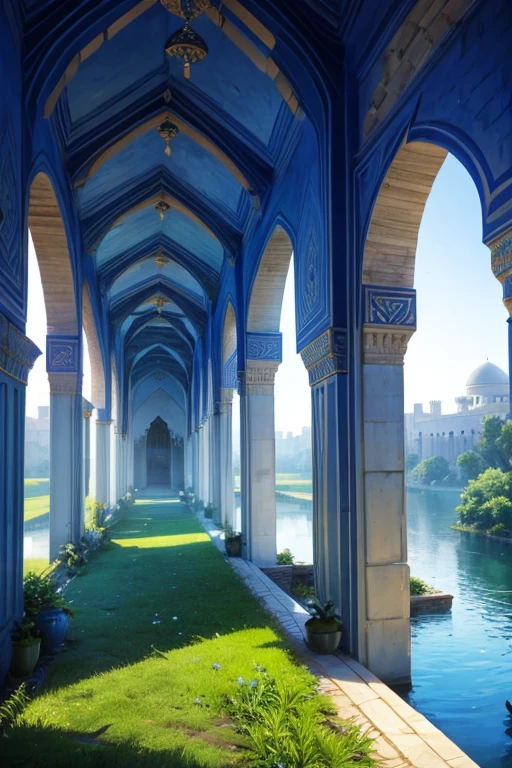 Blue Muslim palace with rivers and vegetation with towers with Arabic engravings