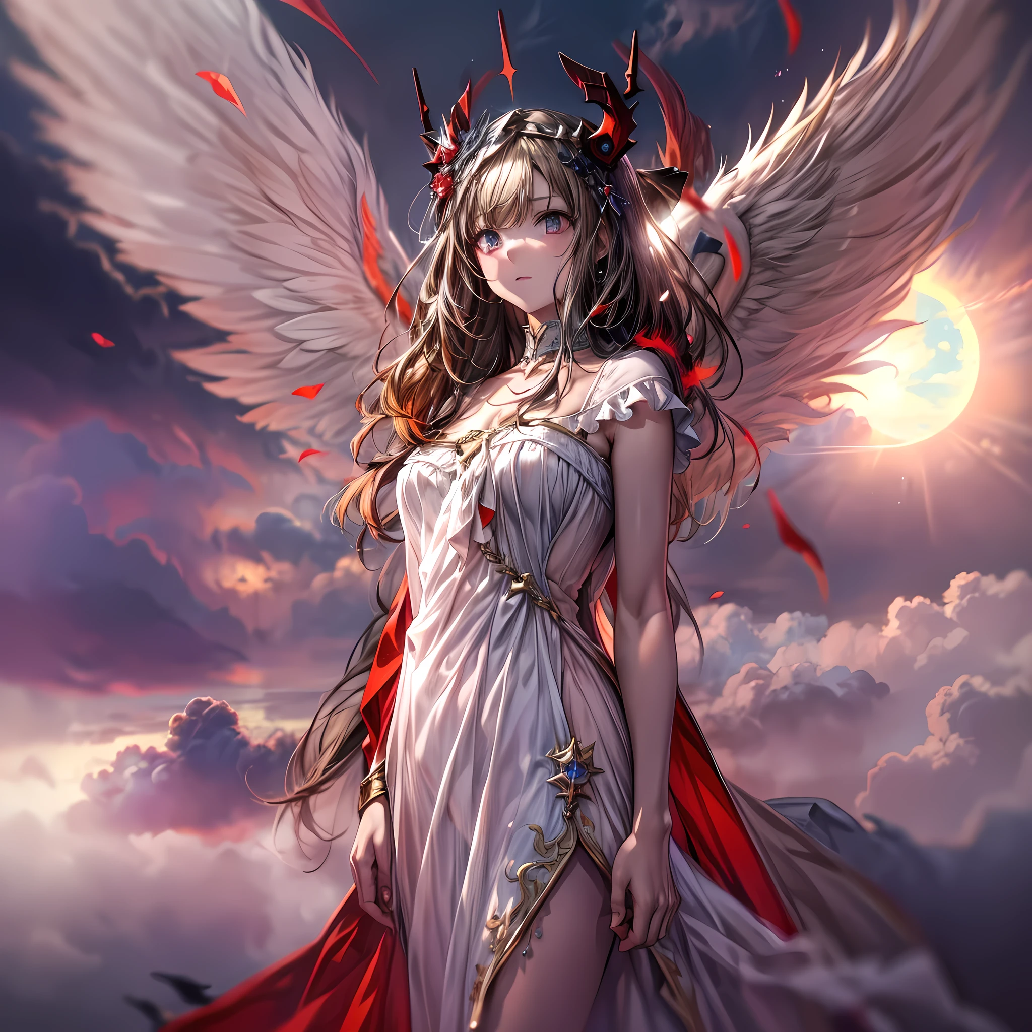 ((a picture of 2 women 1angel and 1demon), (highest quality, masterpiece, High resolution), 16K, fantasy art, RPG art BREAK a (1female angel: 1.3) , wearing dress, pale skin, best details beautiful face , (blond: 1.2) hair, long hair wavy hair (blue: 1.1) eyes, high heeled boots, wearing a dress, large angelic wings, (white: 1.2) angelic wings spread BREAK ((AND)) a (1female demon: 1.3), (red: 1.2) skin, demonic wings, (black: 1.1) demonic wings spread, demonic horns, (red: 1.1) skin, black hair, red eyes, best details beautiful face, wearing a dress, high heels, in the border between heaven and hell, moon, stars, clouds, god rays, soft natural light silhouette, dynamic angle, photorealism, panoramic view (Masterpiece 1.3, intense details) , Wide-Angle, Ultra-Wide