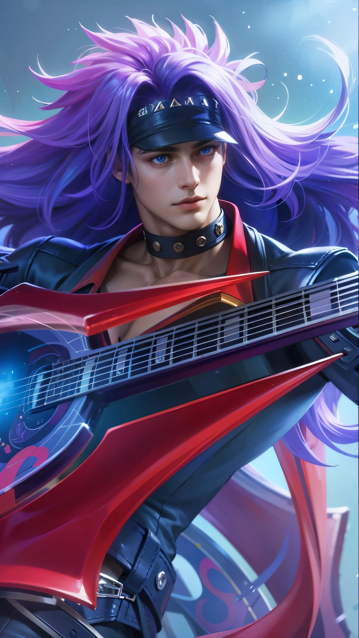 a guy with purple hair and a guitar in her hands, Best quality, masterpiece, detailed skin texture, detailed clothes texture, detailed face, super detail, 8k, intricate detail, 1 boy, The color doesn't change, Muscle guy, 1 guy, blue eyes.