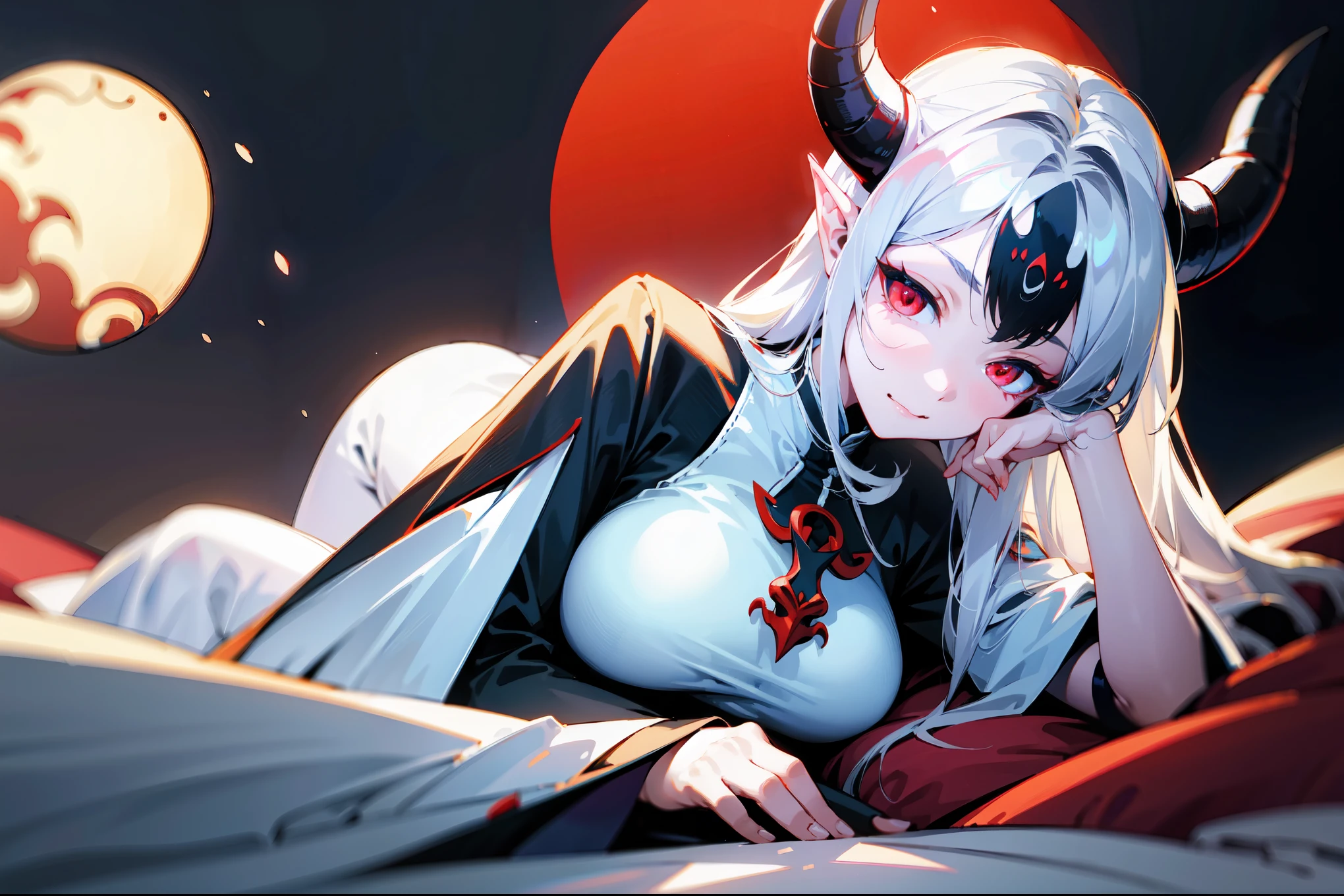 (best quality,highres,masterpiece:1.2),(flatten art:0.7), masterpiece, best quality, 1woman, Anime, darker environment, laying on bed, leaning with her hand, white horns, long wavy white hair, white ao dai, red demon eyes, pointy ear, large breast, enticing, night, dark, looking at viewer, solo, faint moonlight, smug face, close-up