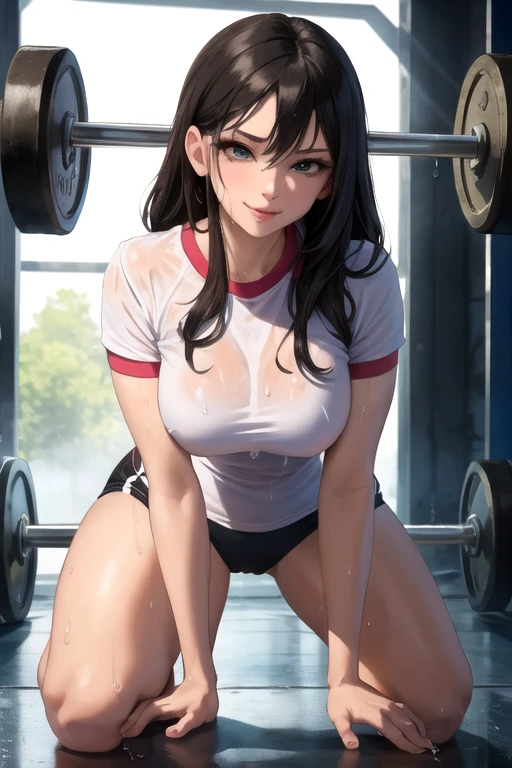 masterpiece, best quality, ultra detailed, watercolor and oil painting fusion, hot black artwork, white line art, beautiful woman, 1 woman, older woman, beauty, perfect anatomy, perfect eyes, perfect fingers, perfect hands, anime girl, gym girl, white t shirt, blue short, wet, tight, ass, breast, thighs, black hair, siren black eyes, seductive smile, soft, seductive, hot, spicy, orgasm face, portrait, full body,