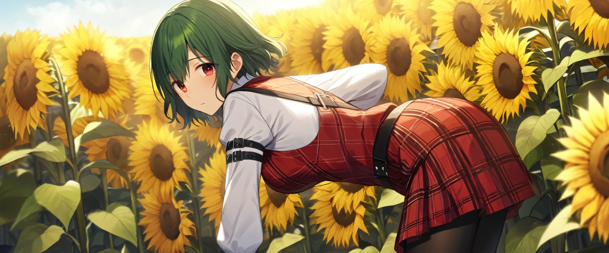2girls, two girls, docking, (Medicine Melancholy, blonde hair, short hair, wavy hair, silver-blue eyes, thick eyelashes, red ribbon, red bow, black shirt, red skirt, evil grin), (Kazami Yuuka, red eyes, green hair, short hair, smirk, evil grin, plaid vest, plaid skirt) sunflower field, huge breasts, huge ass, thick thighs, wide hips, looking at the viewer,