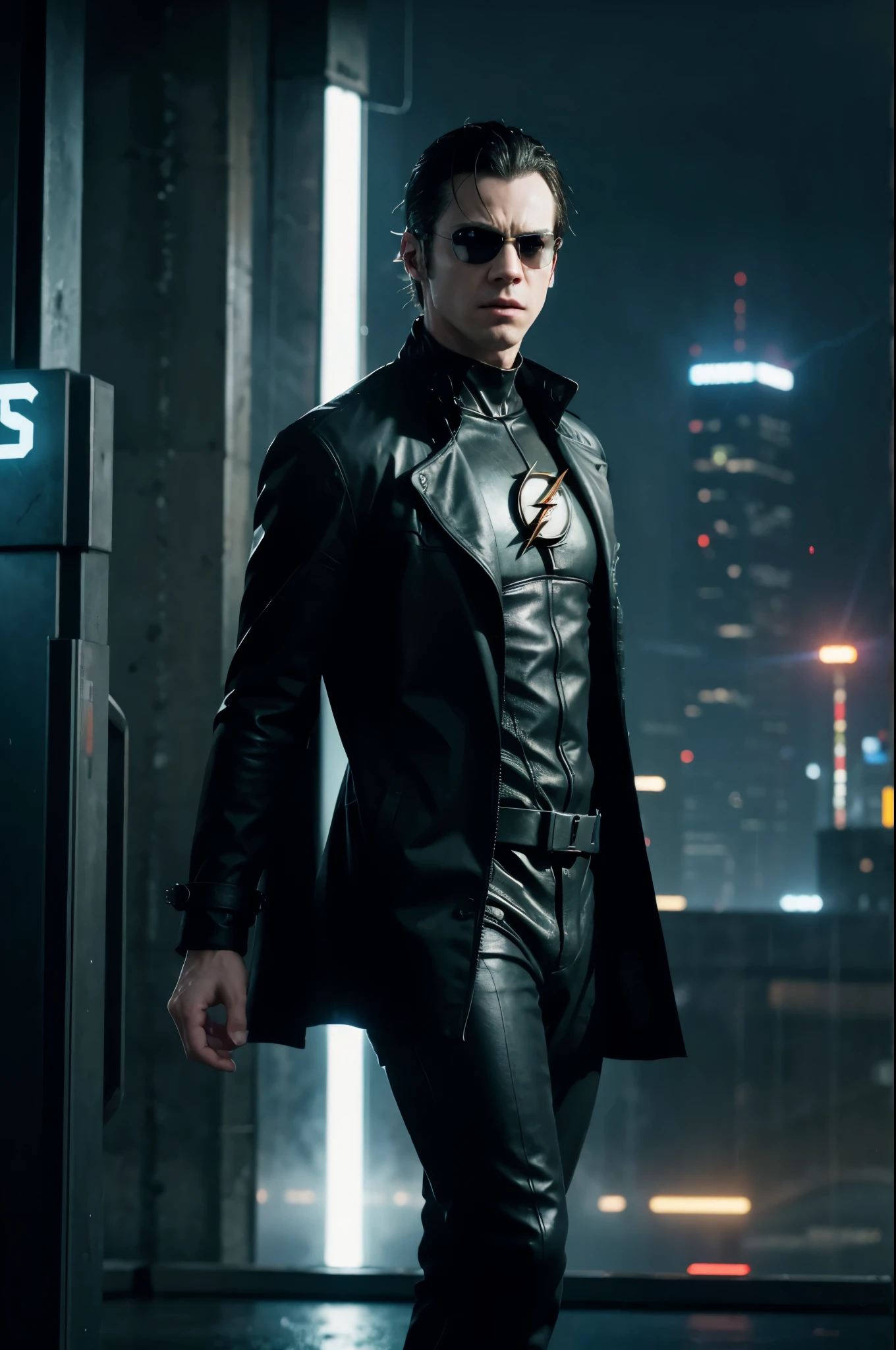 The Flash as Neo from The Matrix, hyper-realistic, sci-fi action style, wearing a black trench coat and sunglasses, with lightning effects and a red suit underneath, in a futuristic cityscape with digital rain effect, dynamic action pose, wide shot, slightly angled upwards, dramatic high-contrast lighting with neon glows and shadows, The Flash running with a determined expression, speed blur effects around him, detailed futuristic cityscape --ar 16:9 --s 0 --v 6.0 --style raw
