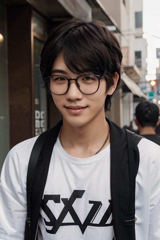cute smillng korean guy with pale skintone and is 187cm slim athletic body with glasses and black wavy hair with bangs, with streetwear style fully covered and