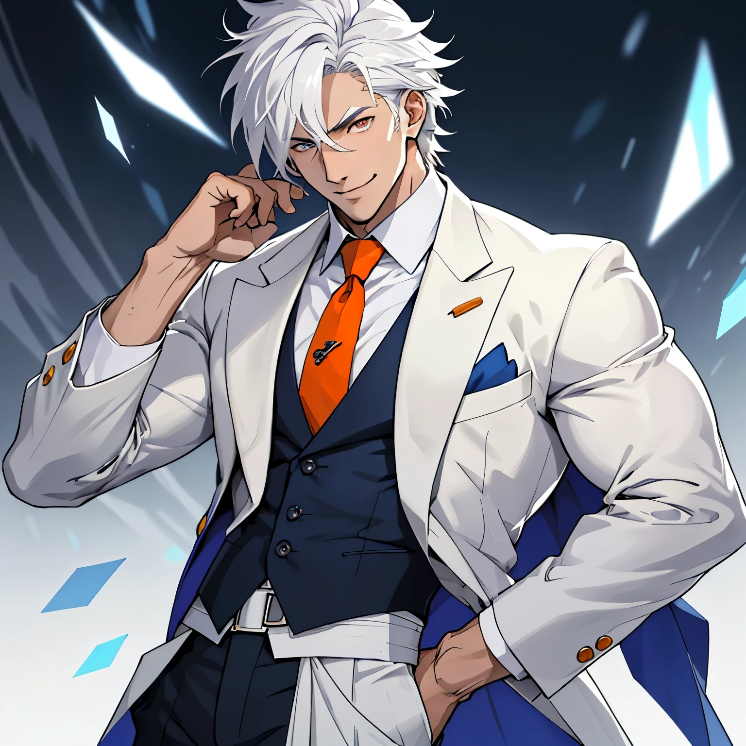 Anime-style, high-resolution image featuring a chiseled male character with flowing white hair, exuding an athletic and alluring physique. Dressed elegantly in a crisp white suit, accentuated by an orange tie and a stylish blue pocket square, he radiates a Sugar Daddy persona. A playful wad of cash subtly reveals itself from his left hand, while his right hand casually rests on his head, presenting a sensual gesture. His eyes sparkle with a tantalizing smile and a mischievous glint, adding an irresistible charm to the overall image. Design elements include detailed facial features, hyperrealistic eyes, and a level of detail extending