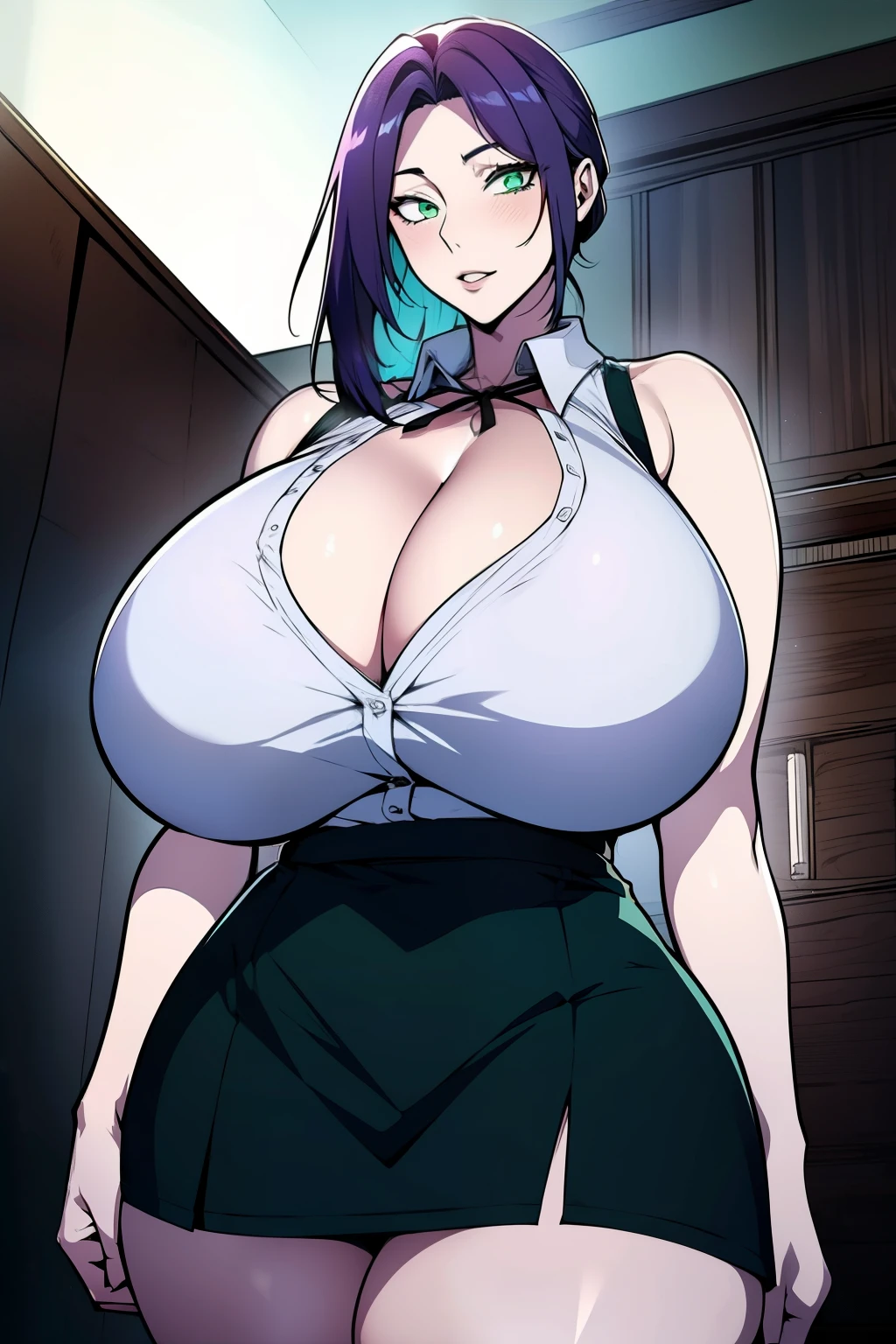 An anime-style artwork depicting Reze from the anime chainsaw man.

Tags: Reze, anime, detailed eyes, detailed lips, white shirt, collared shirt, sleeveless, ribbon, black miniskirt, cleavage, smiling expression, intense gaze, dynamic pose, indoor, palace, vibrant colors, digital art, high-resolution, professional quality, gigantic breasts, curvy, cowboy shot, (gigantic breasts: 1.4), (green eyes:1.1), (purplish blue hair)