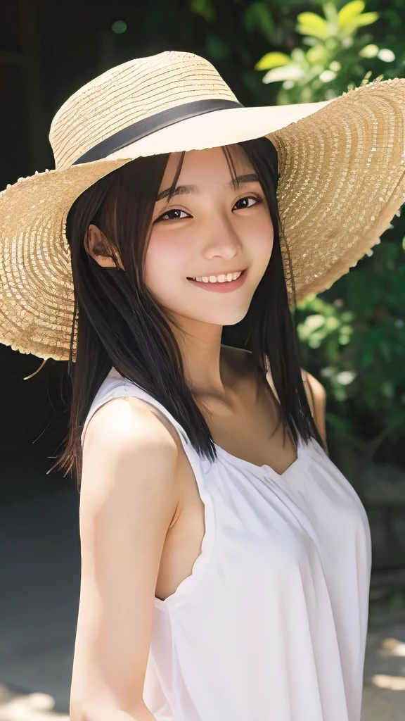 masterpiece,best quality,(Japanese ),((Beautiful girl)),cleavage,(perfect body beauty:1.2),(shy smile),beautiful teeth,(straw hat),(park),