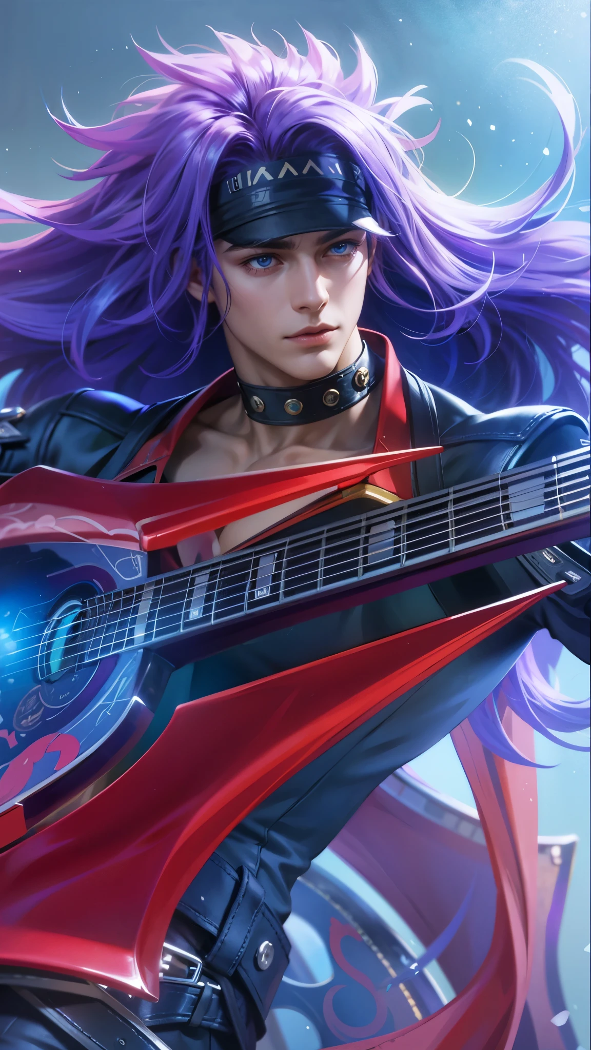 a guy with purple hair and a guitar in her hands, Best quality, masterpiece, detailed skin texture, detailed clothes texture, detailed face, super detail, 8k, intricate detail, 1 boy, The color doesn't change, Muscle guy, 1 guy, blue eyes.