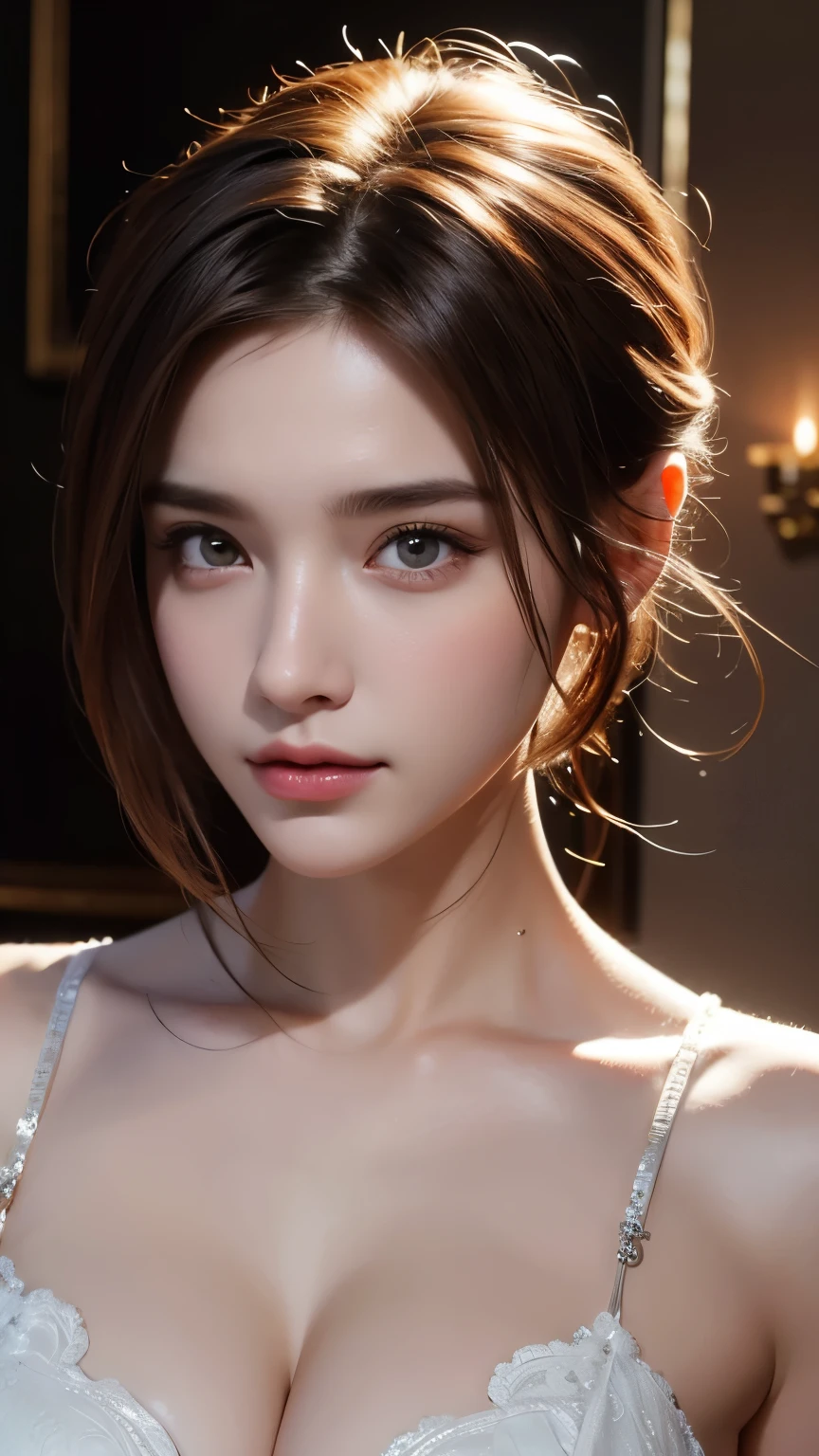 High-quality work,Realistic works,Super premium graphics,8K HD CG works,high quality graphics,High-definition and exquisite CG works,10x pixels,Ultra-fine details:1.1,Advanced technical details:1.1Realistic photo effects,Interior lighting effects:1.5,natural soft light:1.5. Light effect(Virtual light effects:1.8),ultra high resolution,Clear eyes,Double eyelids look good, pretty face, The face shape is perfectly proportioned, hyper photorealism, Cinematic lighting, projected inset, surrealism, Masterpiece, Realism,Amazing Cleavage,