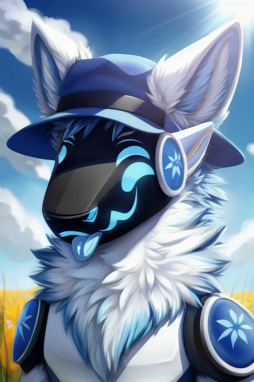 A light blue protogen furry male anthro character wolf looking at the viewer with a really happy face with his tongue sticking out light blue eyes bright outside sunny day field looking at viewer hat very happy face