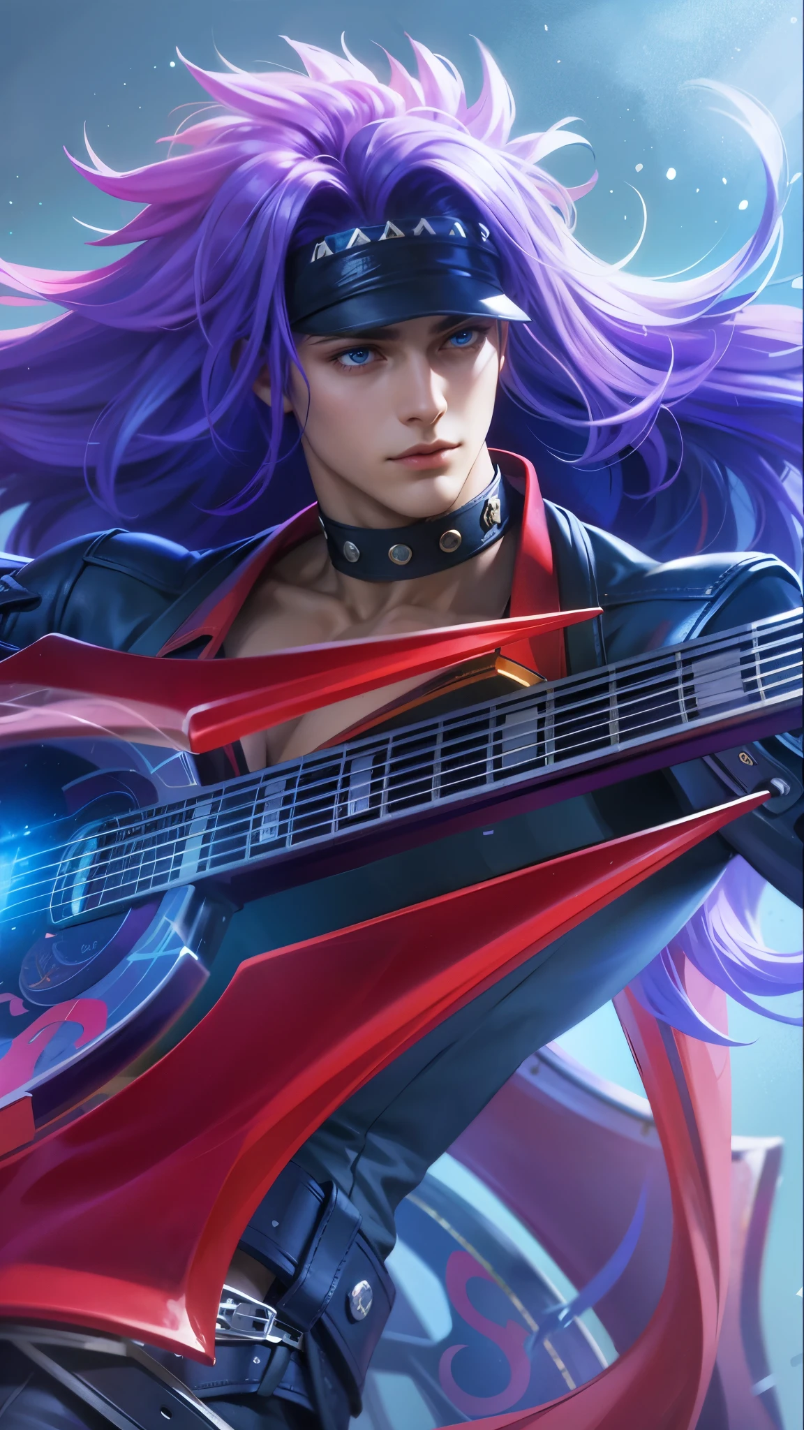a guy with purple hair and a guitar in her hands, Best quality, masterpiece, detailed skin texture, detailed clothes texture, detailed face, super detail, 8k, intricate detail, 1 boy, The color doesn't change, Muscle guy, 1 guy, blue eyes.