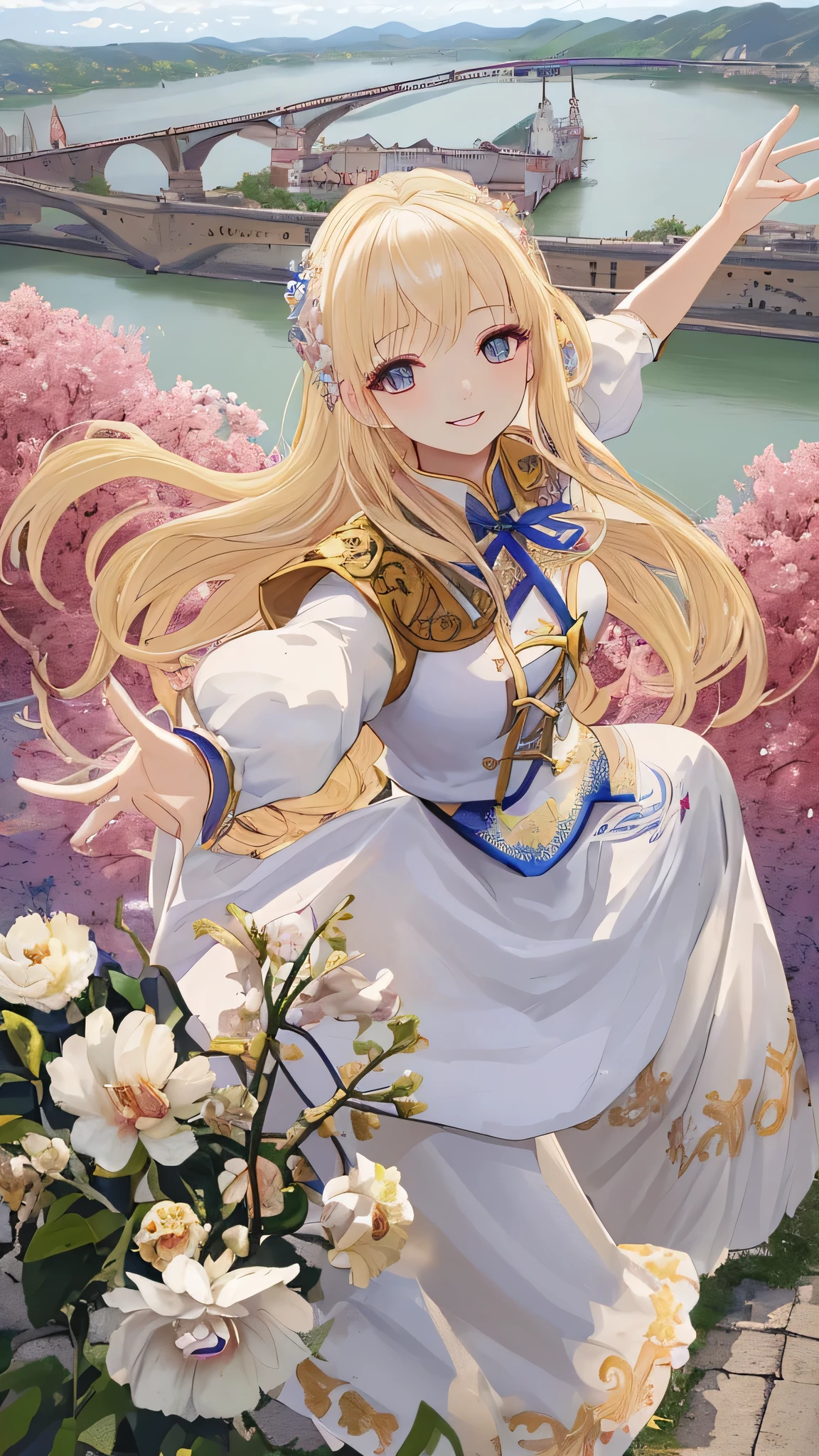 highest quality、Hungarian national costume、White woman、Blonde Hair、The clothes are embroidered with flowers、smile、Happy expression、Daytime、European cityscape and the Danube river background