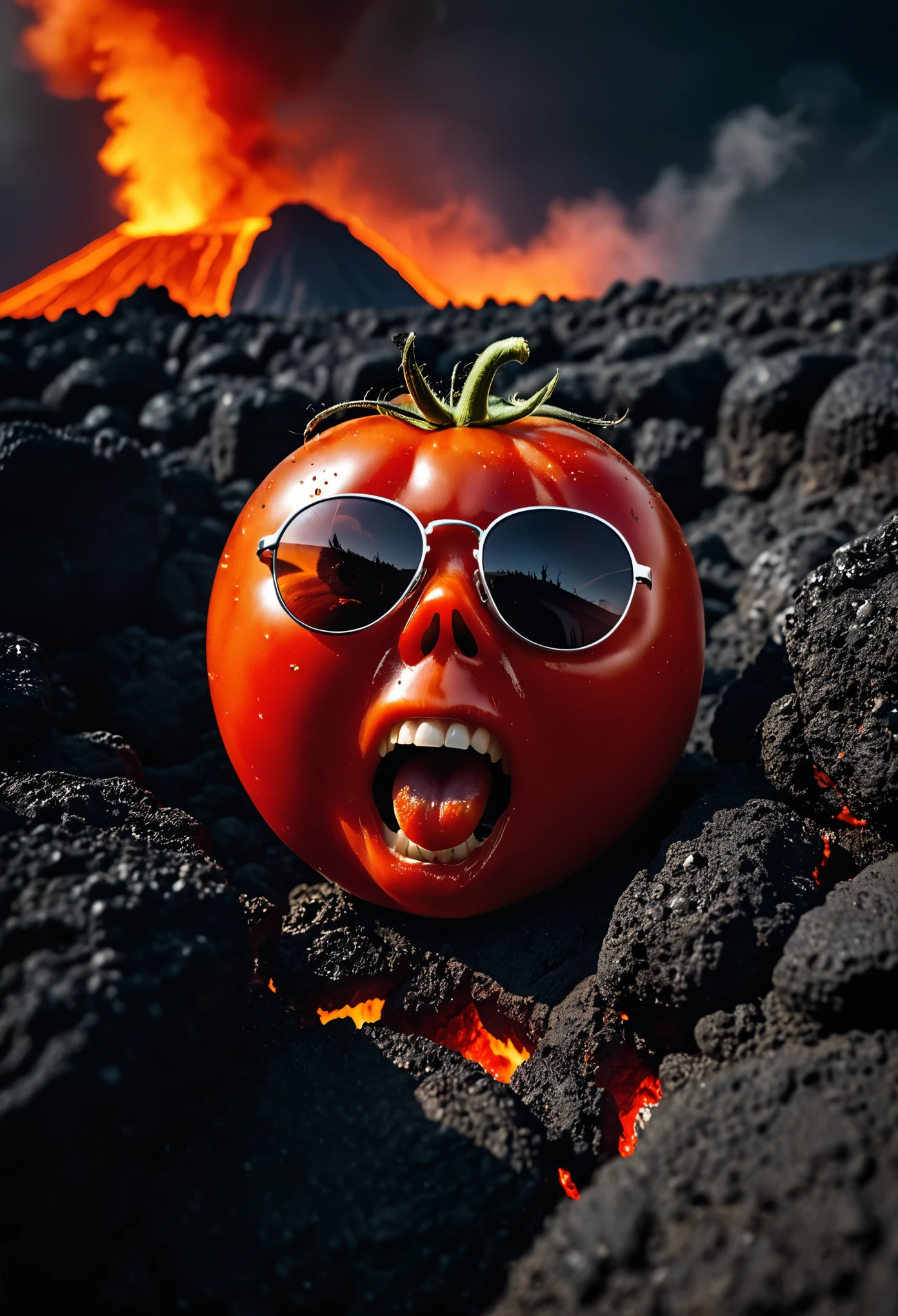 Documentary RAW Photography,scary screaming grilled tomato, in a volcano, in lava, wearing sunglasses, nightmare, horror, traumatizing, deep psychological horror, thriller, soul piercing scary stare, ominous, dark presence, (sharpness in detail:1.1), masterpiece, 35mm photograph, (iconic photograph:1.4), (visual storytelling:1.2), film grain, award winning photography,vibrant use of light and shadow, high quality textures of materials, volumetric textures perfect composition, dynamic play of light, rich colors, epic shot, perfectly quality, natural textures,high detail, photoshadow, (natural colors, correct white balance, color correction, dehaze),(intricate detailed), 8k