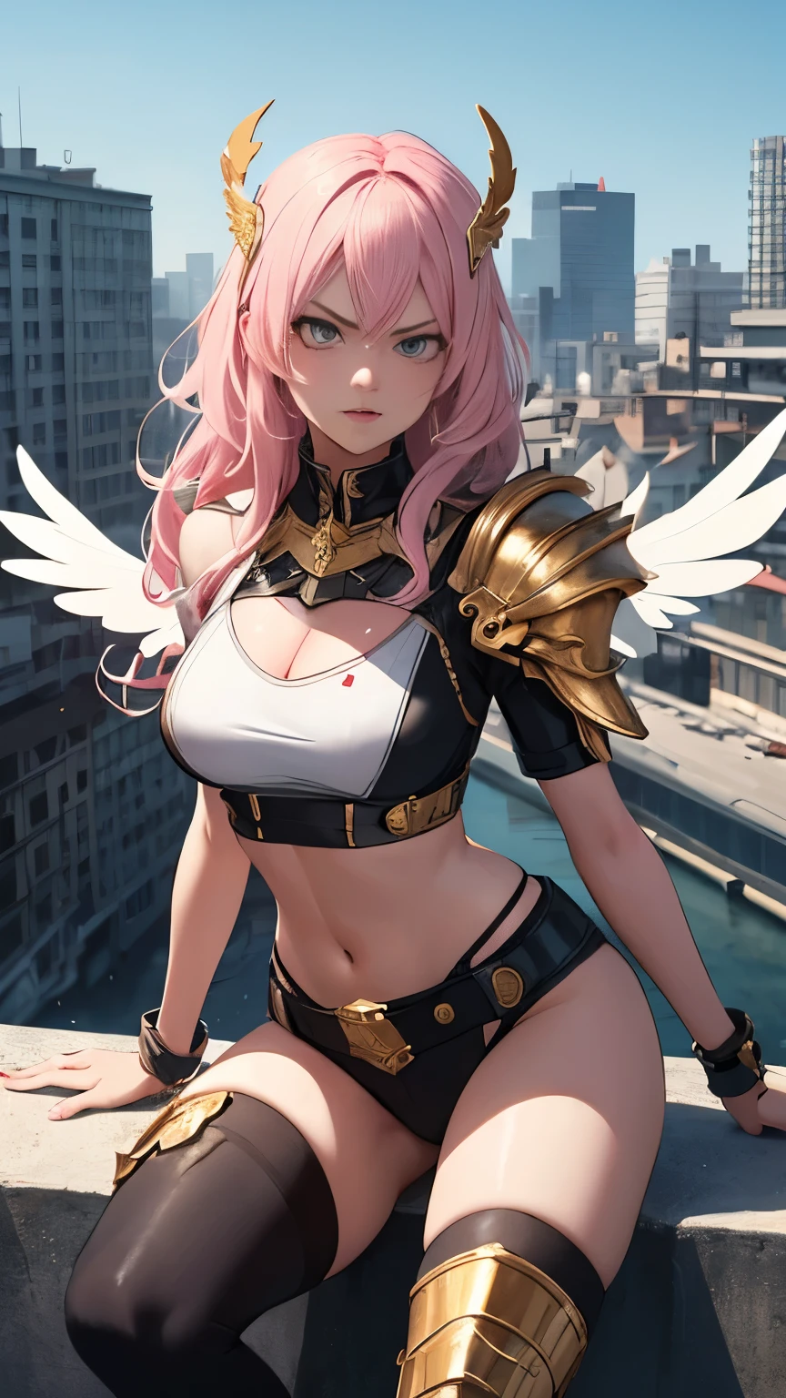 (Highly quality, masterpiece, detailed), Destroyed city detailed scenario, destroyed city detailed background, 20 years old girl, solo, angry, hero suit, straight hair, white and pink hair, Gold belt, gold wristband, Gold Shoulder pad, gold breast plates, 1girl, pink wings, sitting on top of a building, crop top, Abdomen, Navel, beautiful eyes, perfect eyes, looking at the viewer, Sexy pose