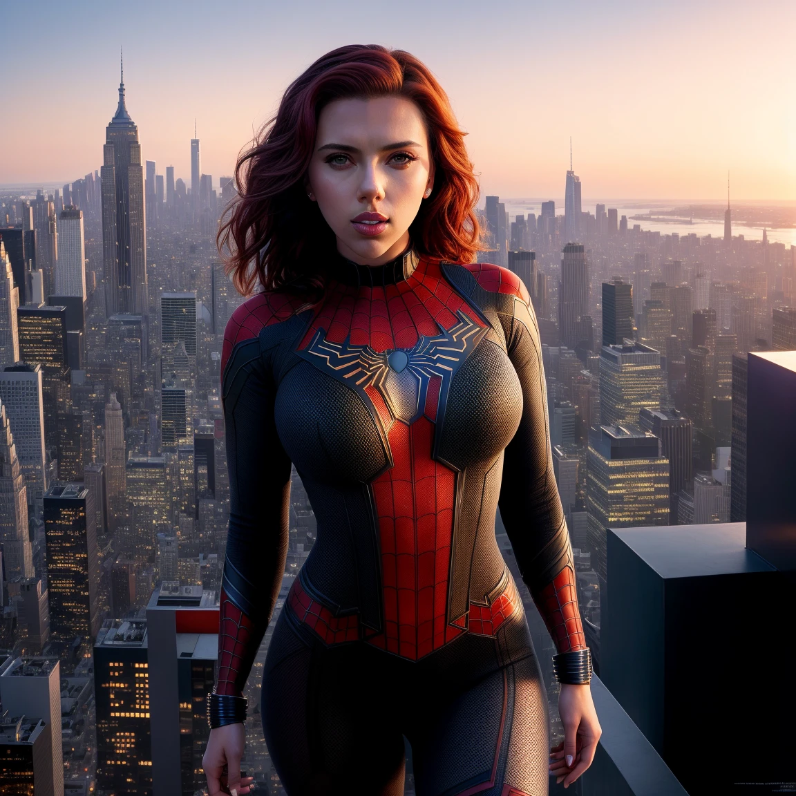 Scarlett Johansson, beauty, Spider-Man tights, full body shot, prominent figure, standing on the edge of a skyscraper, photo (Masterpiece) (Best quality) (detail) (8K) (HD) (Wallpaper) (Cinematic lighting) (Sharp Focus) (Intricate)