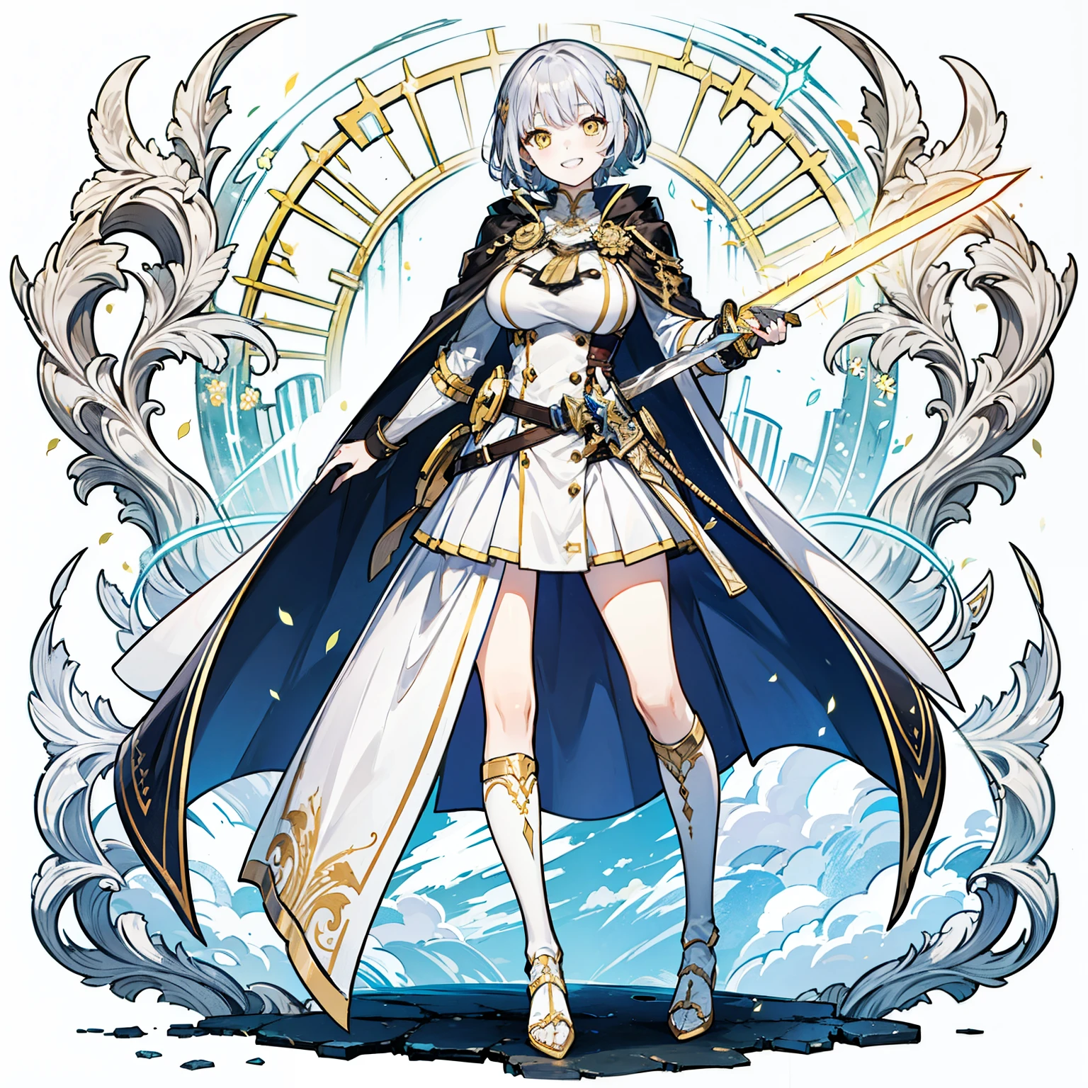 One Woman、young、Silver Hair、Short Hair、Yellow Eyes、Very large breasts、grinning mouth、Warrior、White Cape、Holding a sword、Full body portrait、front、No background