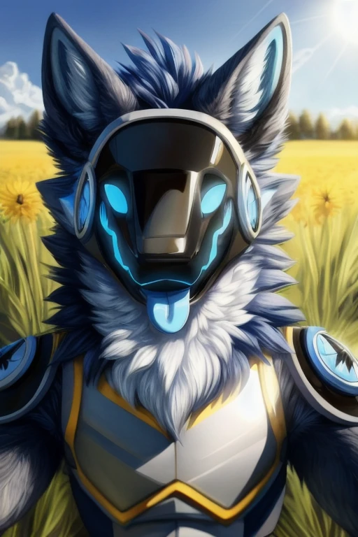 A light blue protogen furry male anthro character wolf looking at the viewer with a really happy face with his tongue sticking out light blue eyes bright outside sunny day field looking at viewer very happy face, black armor black chestplate