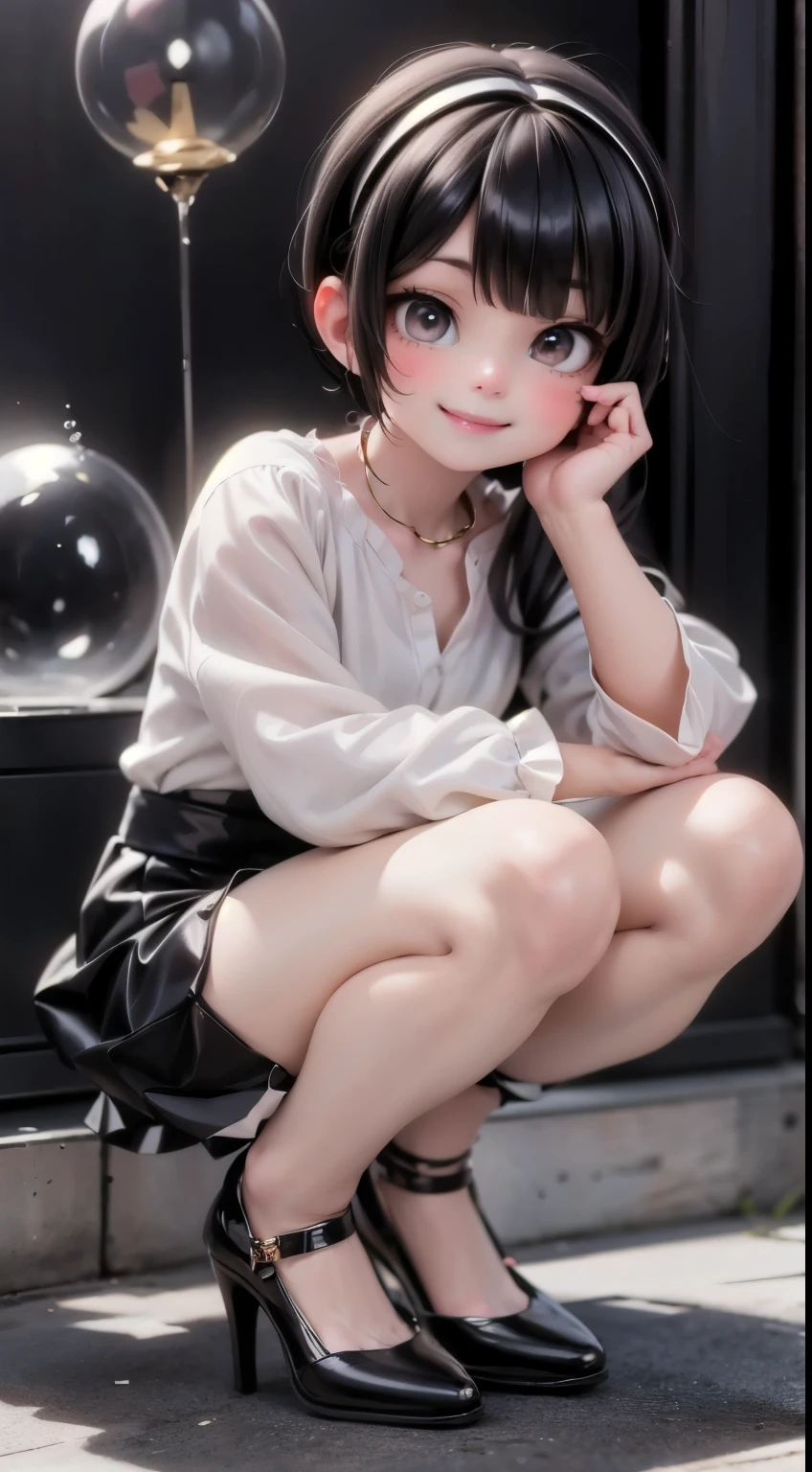 a cute (boy) smiling, wearing a hairband, wearing a (sleveless) blouse, wearing a bubble skirt, squatting, patent leather pumps,