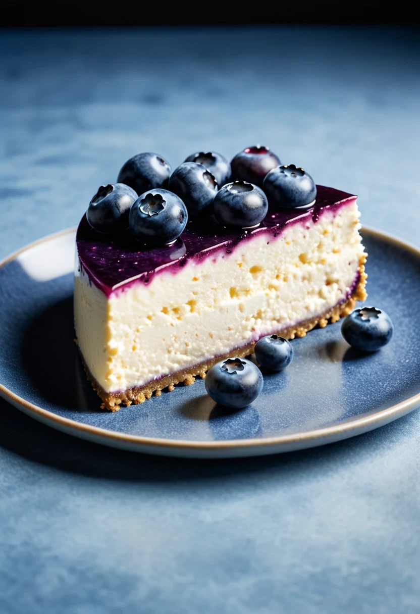 Documentary RAW Photography,a Blueberry Cheesecake, highlighting its exquisite, lacy texture and impeccable balance. The composition should evoke an irresistible urge to taste, with every detail crafted to inspire both amateur and seasoned cooks, (sharpness in detail:1.1), masterpiece, 35mm photograph, (iconic photograph:1.4), (visual storytelling:1.2), film grain, award winning photography,vibrant use of light and shadow, high quality textures of materials, volumetric textures perfect composition, dynamic play of light, rich colors, epic shot, perfectly quality, natural textures,high detail, photoshadow, (natural colors, correct white balance, color correction, dehaze),(intricate detailed), 8k