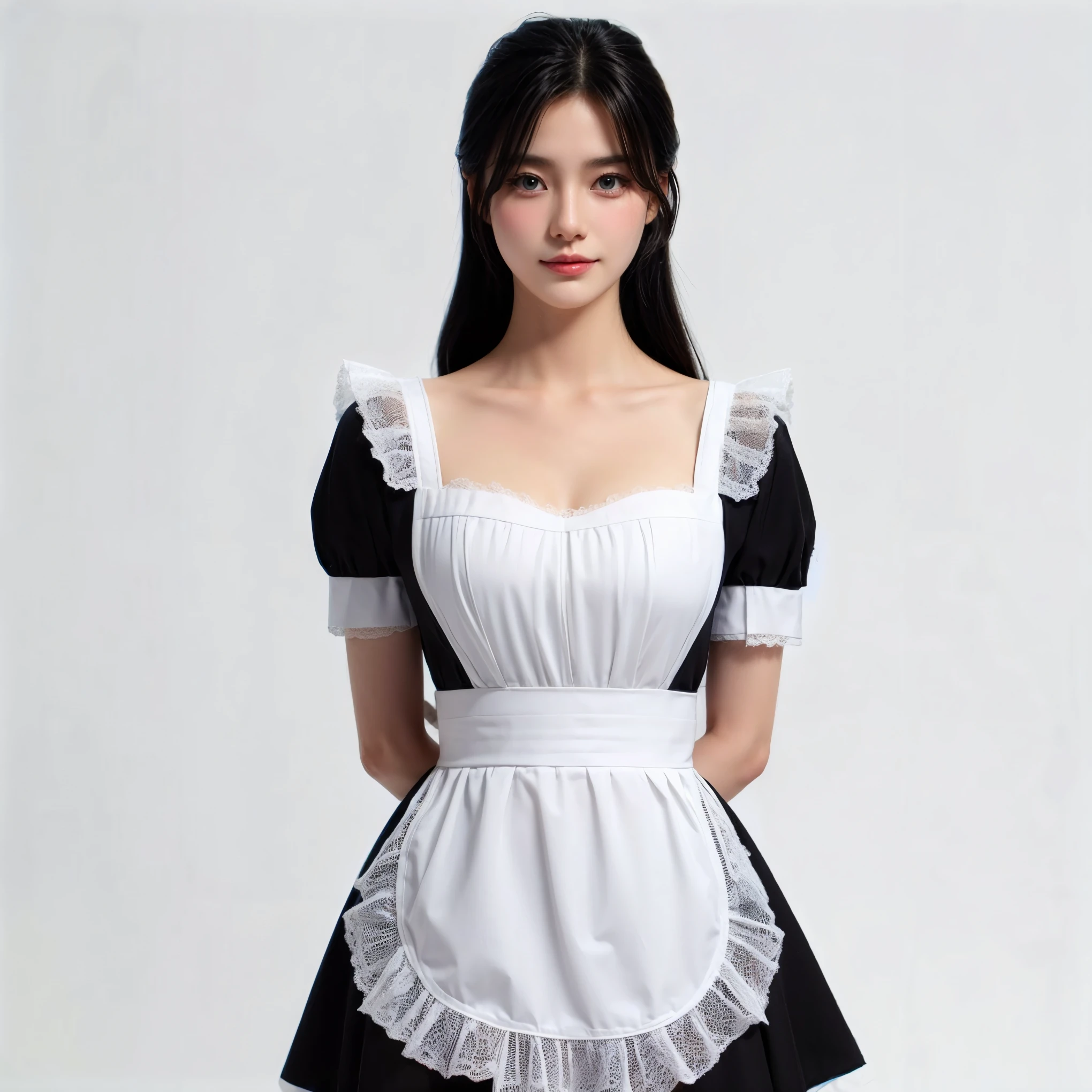 there is a woman in a white dress and black stockings, maid outfit, maid dress, cosplay of a catboy! maid! dress, smooth white tight clothes suit, wearing maid uniform, maid costume, ( ivory black ), white and black, pale snow white skin, gorgeous maid, sakimichan, anime girl in a maid costume, shikamimi