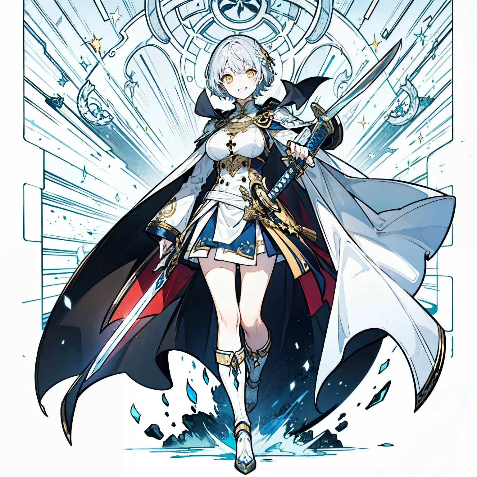 One Woman、young、Silver Hair、Short Hair、Yellow Eyes、Very large breasts、grinning mouth、Warrior、White Cape、Holding a sword、Full body portrait、front、No background