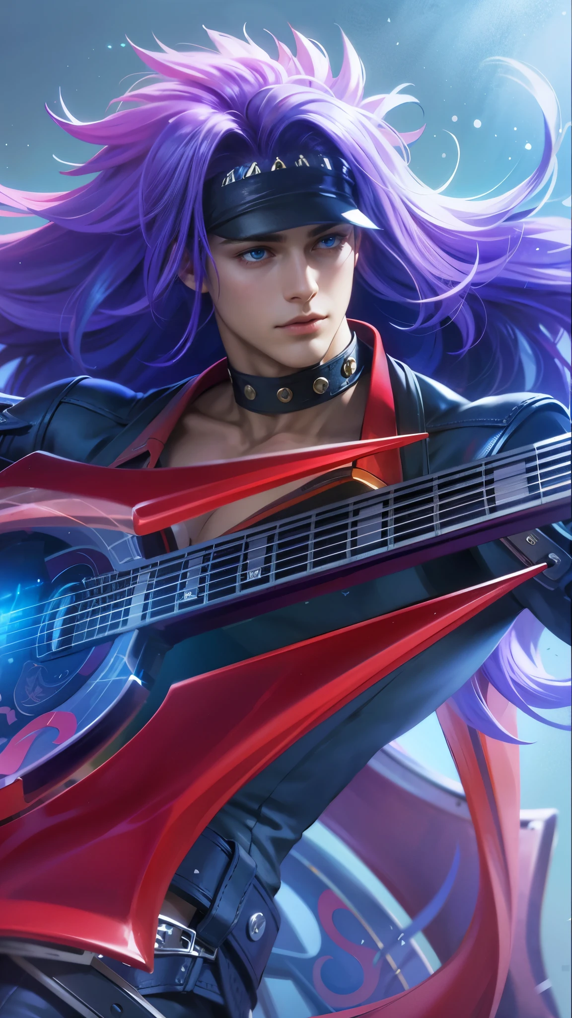 a guy with purple hair and a guitar in her hands, Best quality, masterpiece, detailed skin texture, detailed clothes texture, detailed face, super detail, 8k, intricate detail, 1 boy, The color doesn't change, Muscle guy, 1 guy, blue eyes.