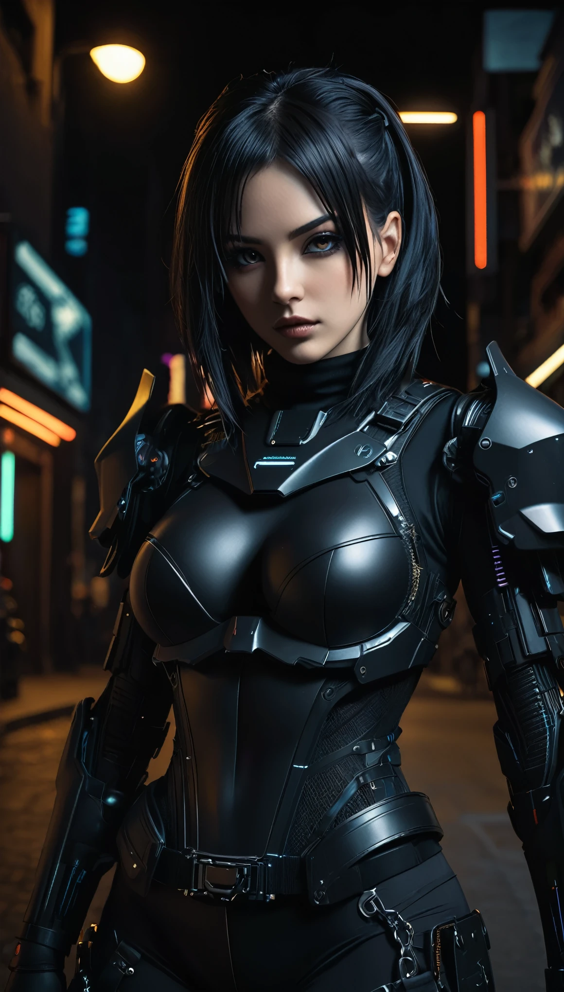 ((female Cyberpunk girl standing in street)), ((cowboy shot)), (NSFW), Best image quality, nighttime, (((beautiful Cyberpunk woman wearing black cyberpunk armor)), ((extremely beautiful detailed face)), ((sweet cute face)), ((shapeless hairstyle)), gothic fantasy, ((Award-winning Polaroid photography)), (Hyper-detailing), (Complicated details), (High resolution ultra realistic photograph 8k), cyberpunk style, depth of field, ((create depth with atmospheric lighting)), wide shot, ((use atmospheric and volumetric lighting, cinematic lighting)), Dark chiaroscuro background.
