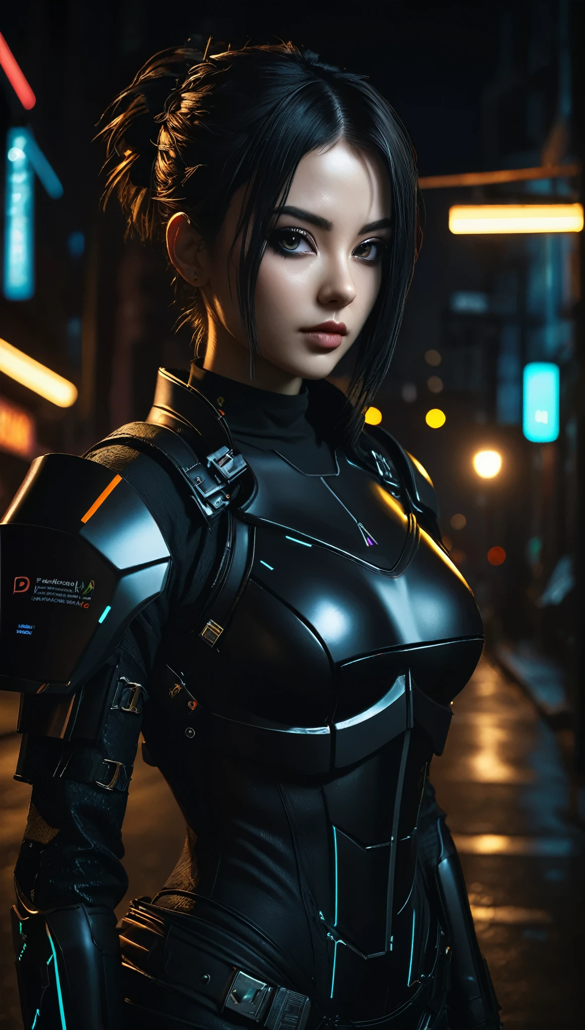 ((female Cyberpunk girl standing in street)), ((cowboy shot)), (NSFW), Best image quality, nighttime, (((beautiful Cyberpunk woman wearing black cyberpunk armor)), ((extremely beautiful detailed face)), ((sweet cute face)), ((shapeless hairstyle)), gothic fantasy, ((Award-winning Polaroid photography)), (Hyper-detailing), (Complicated details), (High resolution ultra realistic photograph 8k), cyberpunk style, depth of field, ((create depth with atmospheric lighting)), wide shot, ((use atmospheric and volumetric lighting, cinematic lighting)), Dark chiaroscuro background.
