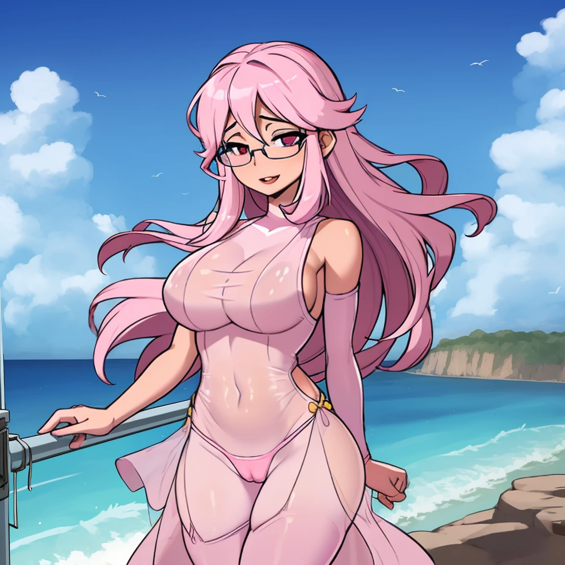 (masterpiece, best quality:1.2), cowboy shot, (solo), (1girl):1.5, glasses, long fluffy pink hair, hair blowing, gorgeous body, wide hips, slight smile, ((very sexy and transparent (nigthdress)) with exposed navel), musculous belly, gorgeous huge breasts, ((pink breasts niples) under very transparent clothes), (cameltoe), in front a waterfall in a windy beach, view form sea to beach.