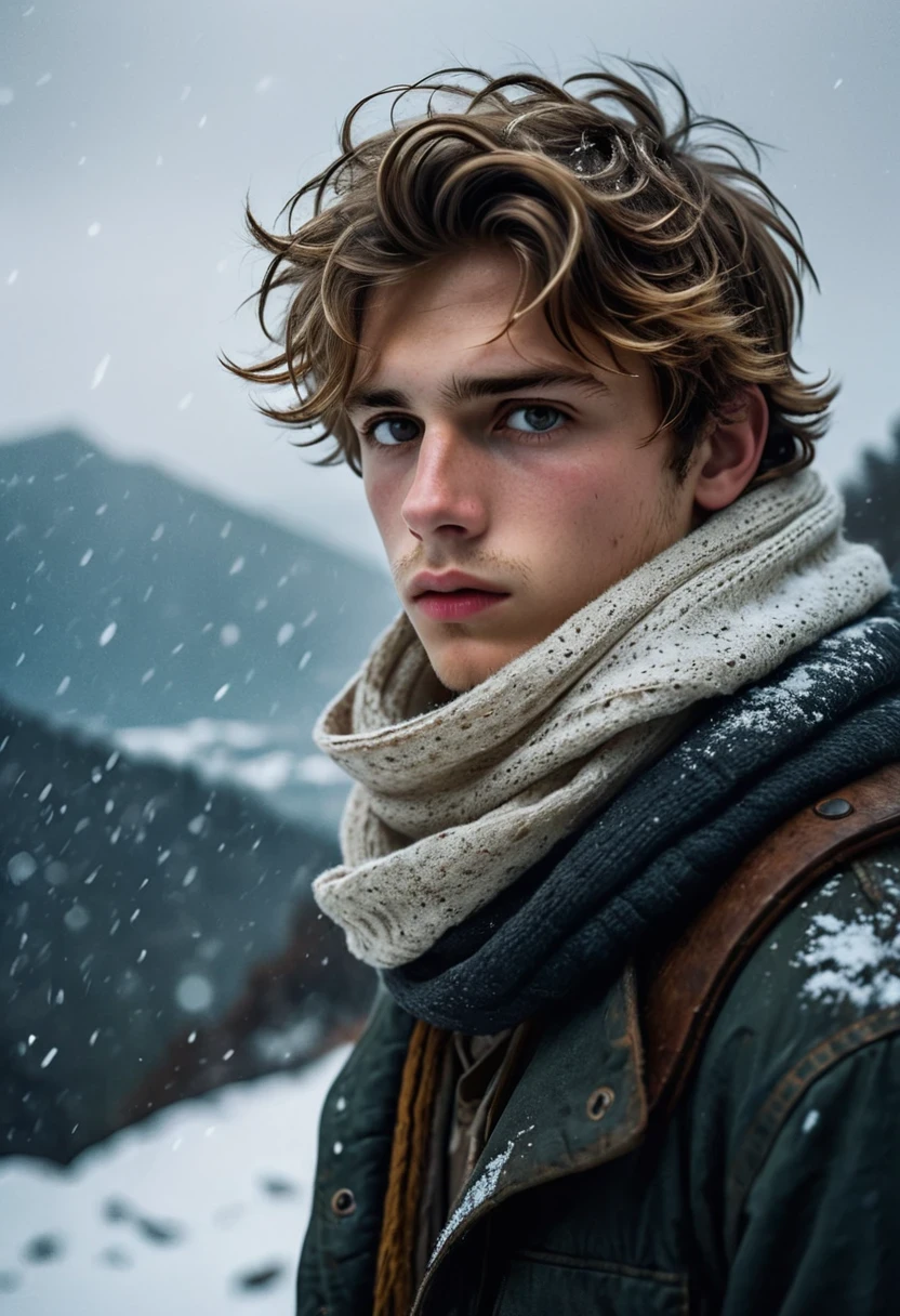 Documentary RAW Photography,night, a white 21 years old boy, thin lips, dark blonde messy hair, slanted brown eyes, white skin, very sad expression, wearing post-apocalyptic warm clothes with a scarf, on a mountain in the middle of a snowstorm, (sharpness in detail:1.1), masterpiece, 35mm photograph, (iconic photograph:1.4), (visual storytelling:1.2), film grain, award winning photography,vibrant use of light and shadow, high quality textures of materials, volumetric textures  perfect composition, dynamic play of light, rich colors, epic shot, perfectly quality, natural textures,high detail, photoshadow, (natural colors, correct white balance, color correction, dehaze),(intricate detailed), 8k