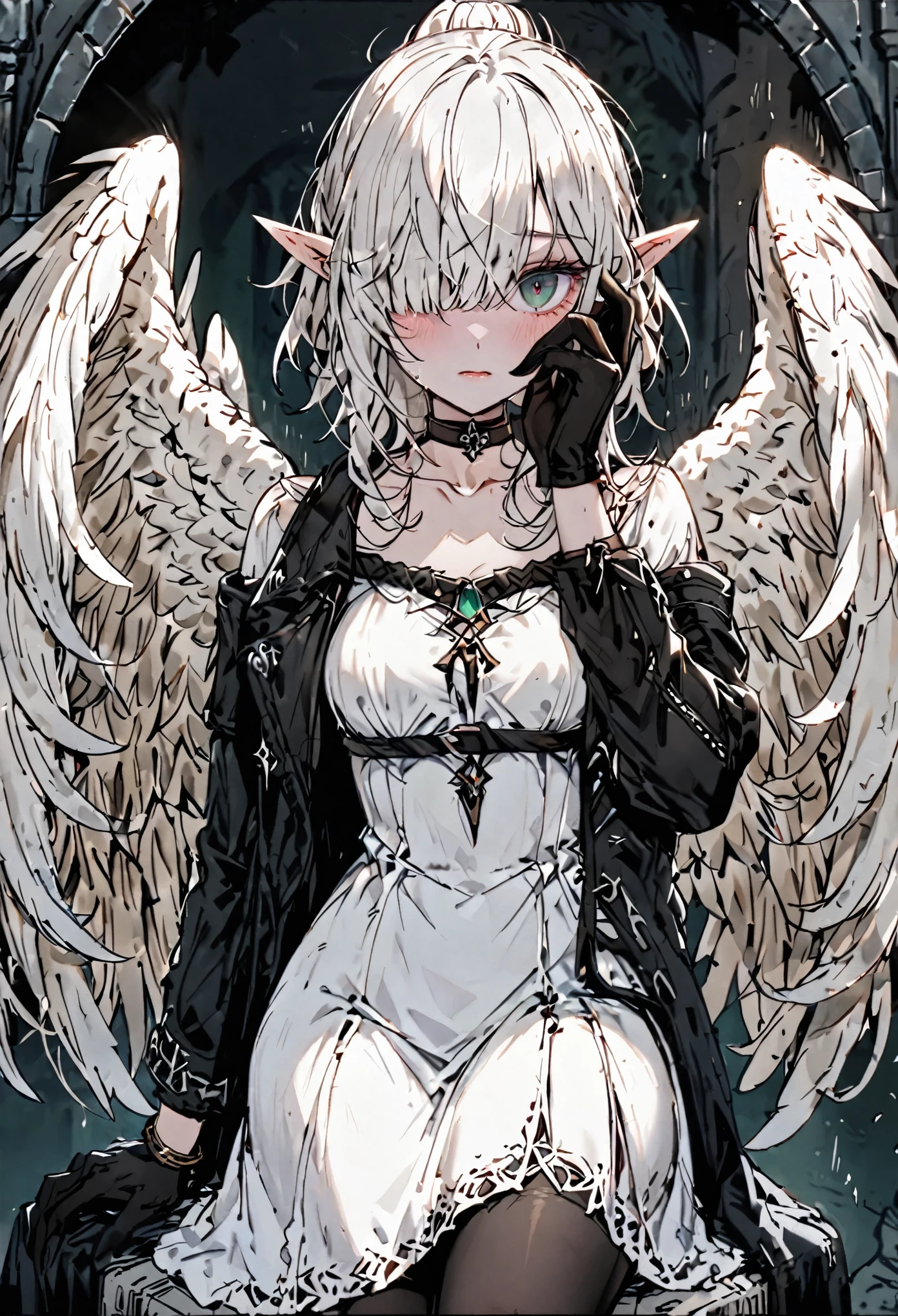 solo, female, sfw, warm, harem, medieval, harpy, large wings, wings, short, shy, dazed, unsure, emerald eyes, thick lashes, short hair, half tied ponytail hair, worn clothes, white dress, thin, shy pose, cowboy shot, claws, white scales on hands, ruffled feathers, blush, feather on hair, red eyes, elf ears, pantyhose, white dress, leather coat, black gloves, leather boots, ((Her left eye is hidden by her hair...)), hair over one eye, choker, masterpiece